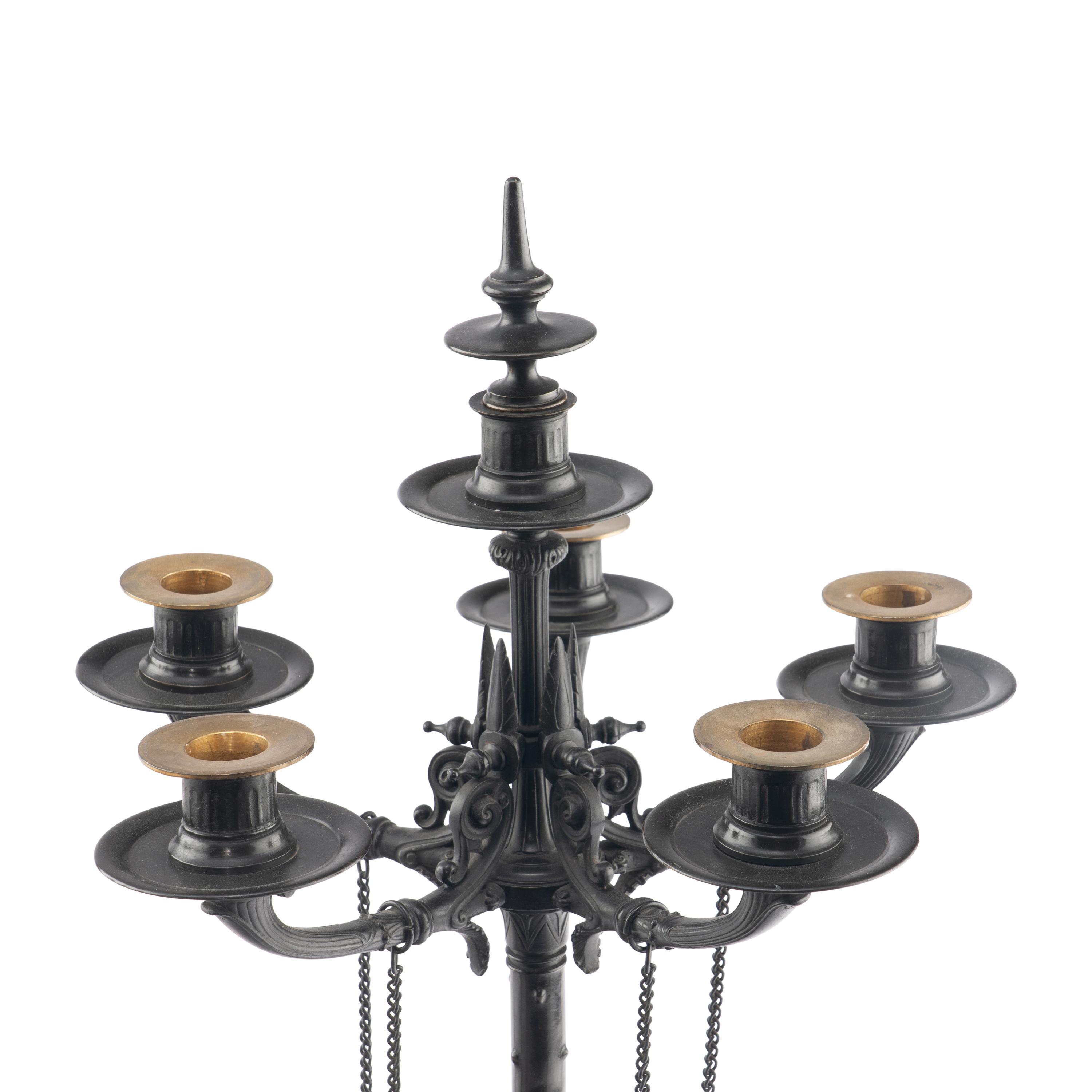 A Pair of French Neoclassical Patinated and Parcel Gilt Bronze and Marble Candelabra