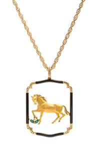 A Yellow Gold, Onyx, Diamond and Emerald Horse Motif Pendant, 12.90 dwts.