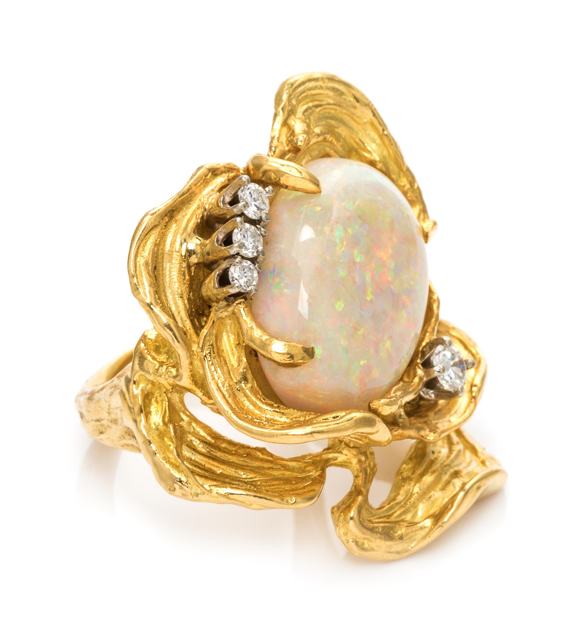 A Yellow Gold, Opal and Diamond Ring, 11.70 dwts.