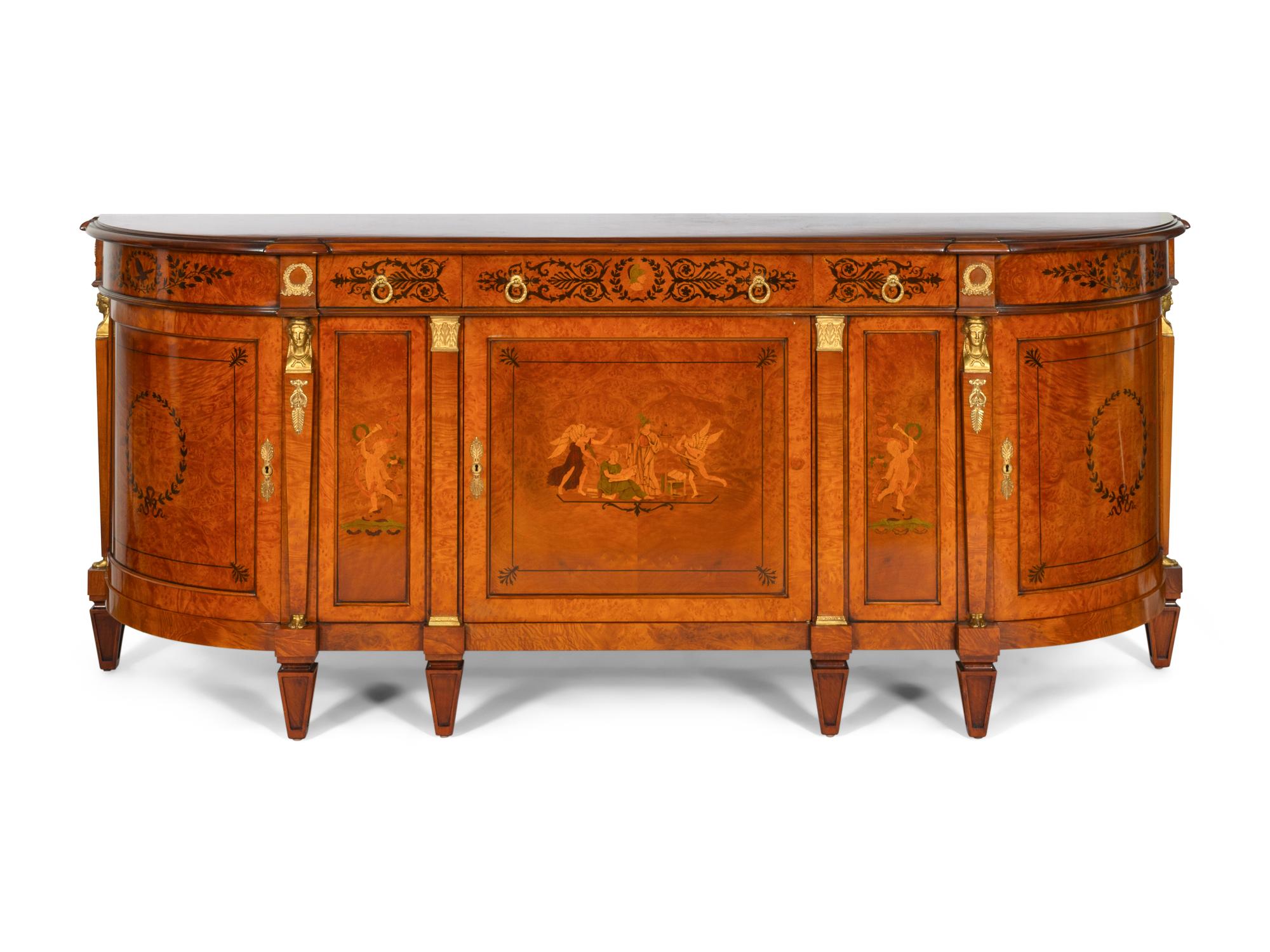 A Pair of Large Empire Style Gilt Bronze-Mounted Marquetry Console Cabinets