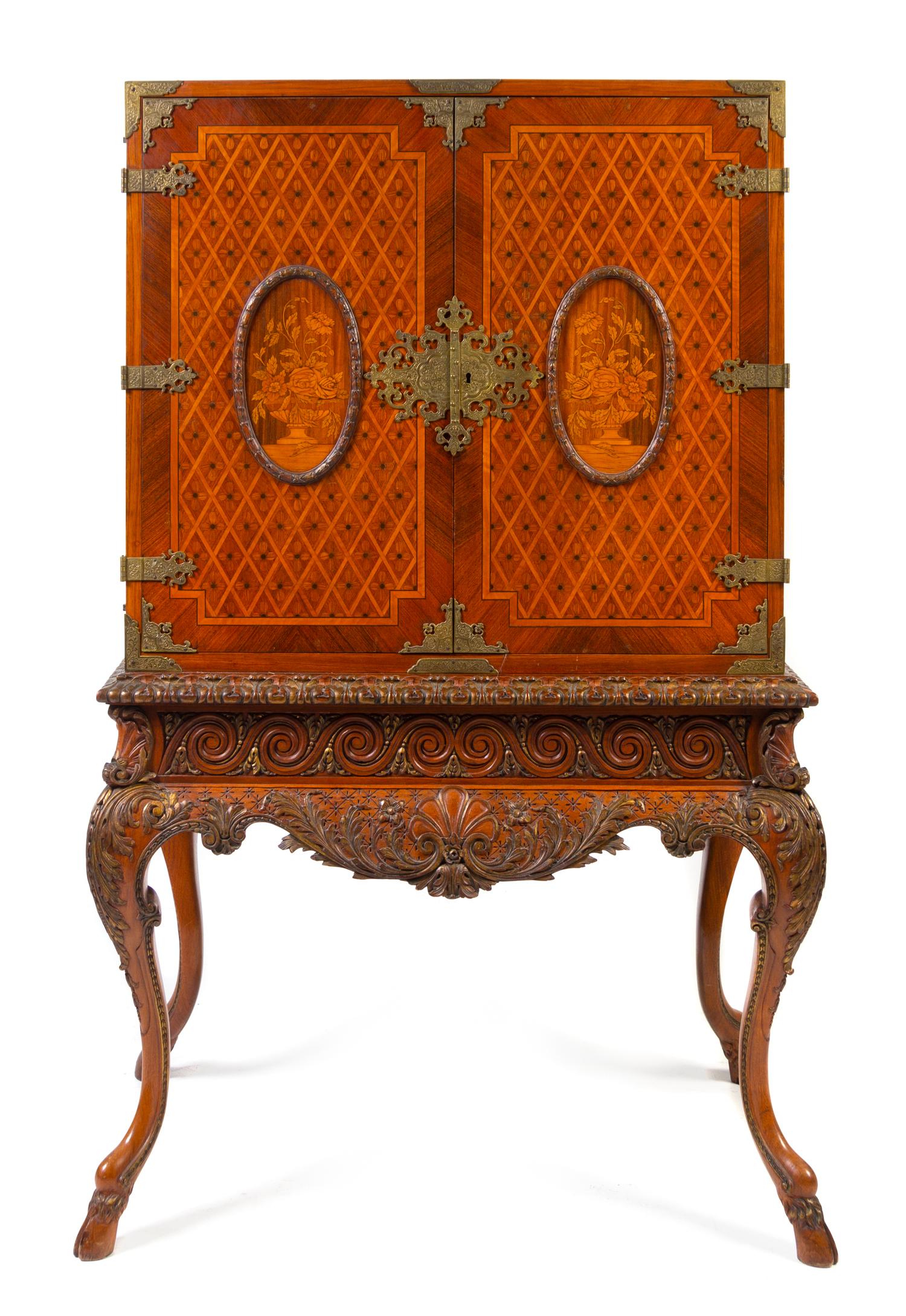 A Queen Anne Style Marquetry Cabinet on Stand Height 63 1/4 x width 36 x depth 24 inches. — 20TH CENTURY