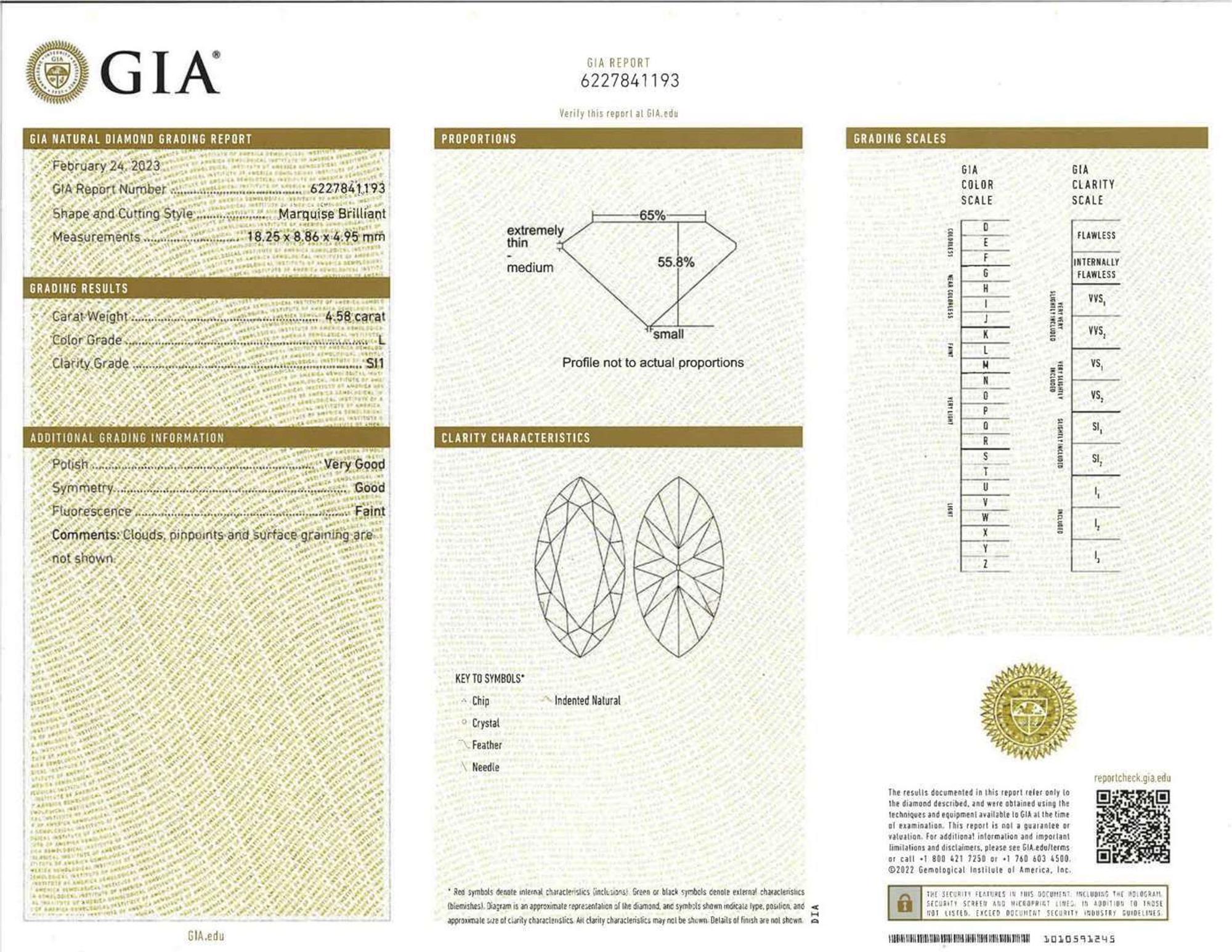 A Platinum and 18K Yellow Gold and Diamond Ring 4.58 Marquise Brilliant-Cut, GIA Certified