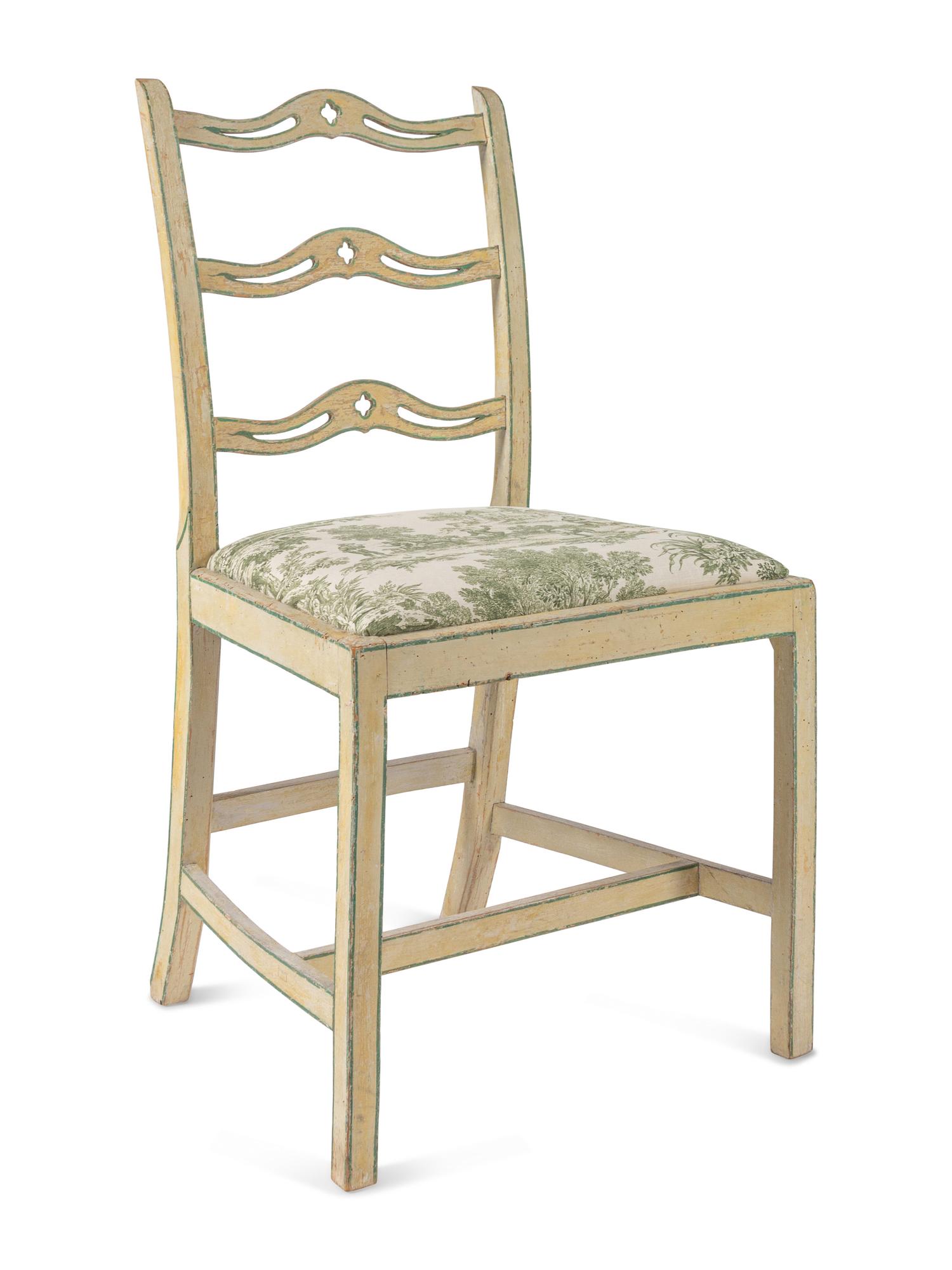 A Set of Four George III Cream and Green-Painted Ladder-Back Dining Chairs