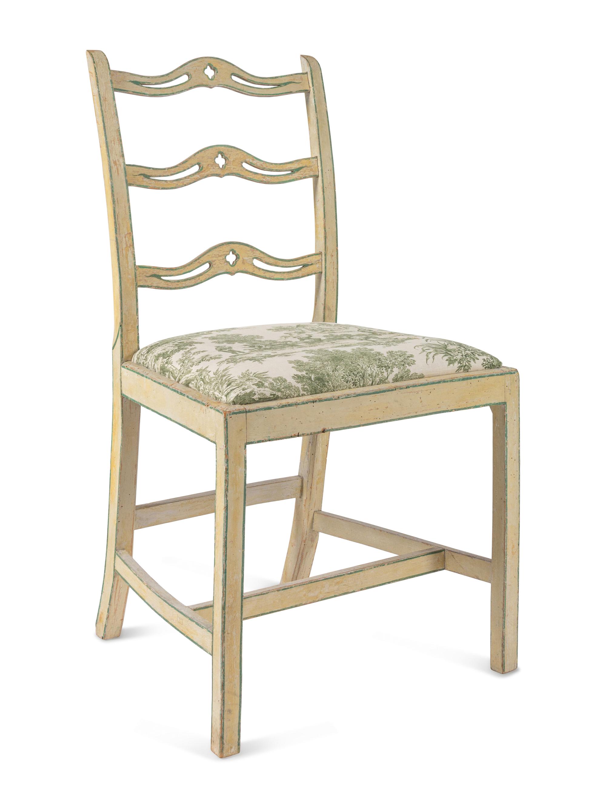 A Set of Four George III Cream and Green-Painted Ladder-Back Dining Chairs