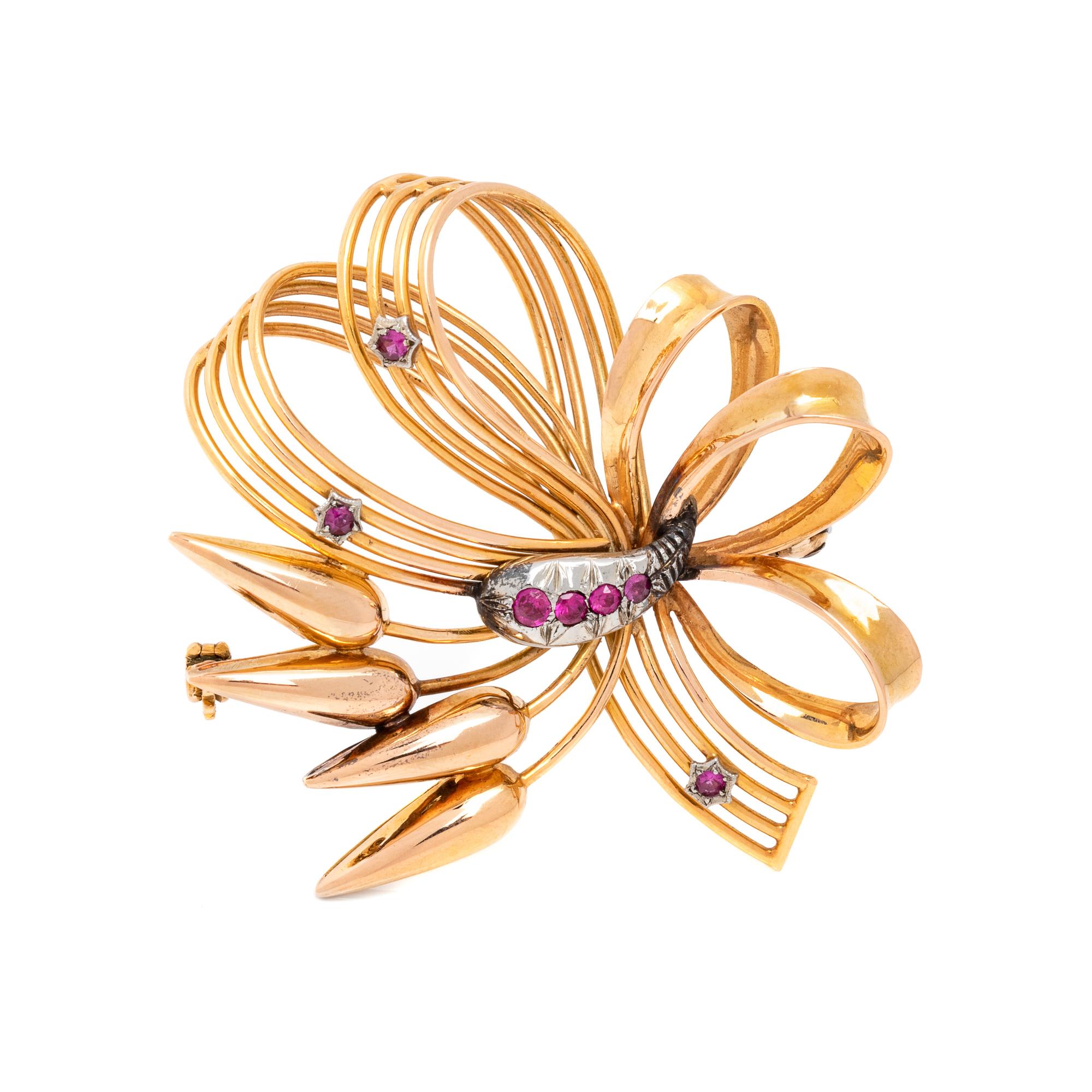 RETRO, BICOLOR GOLD AND RUBY BROOCH