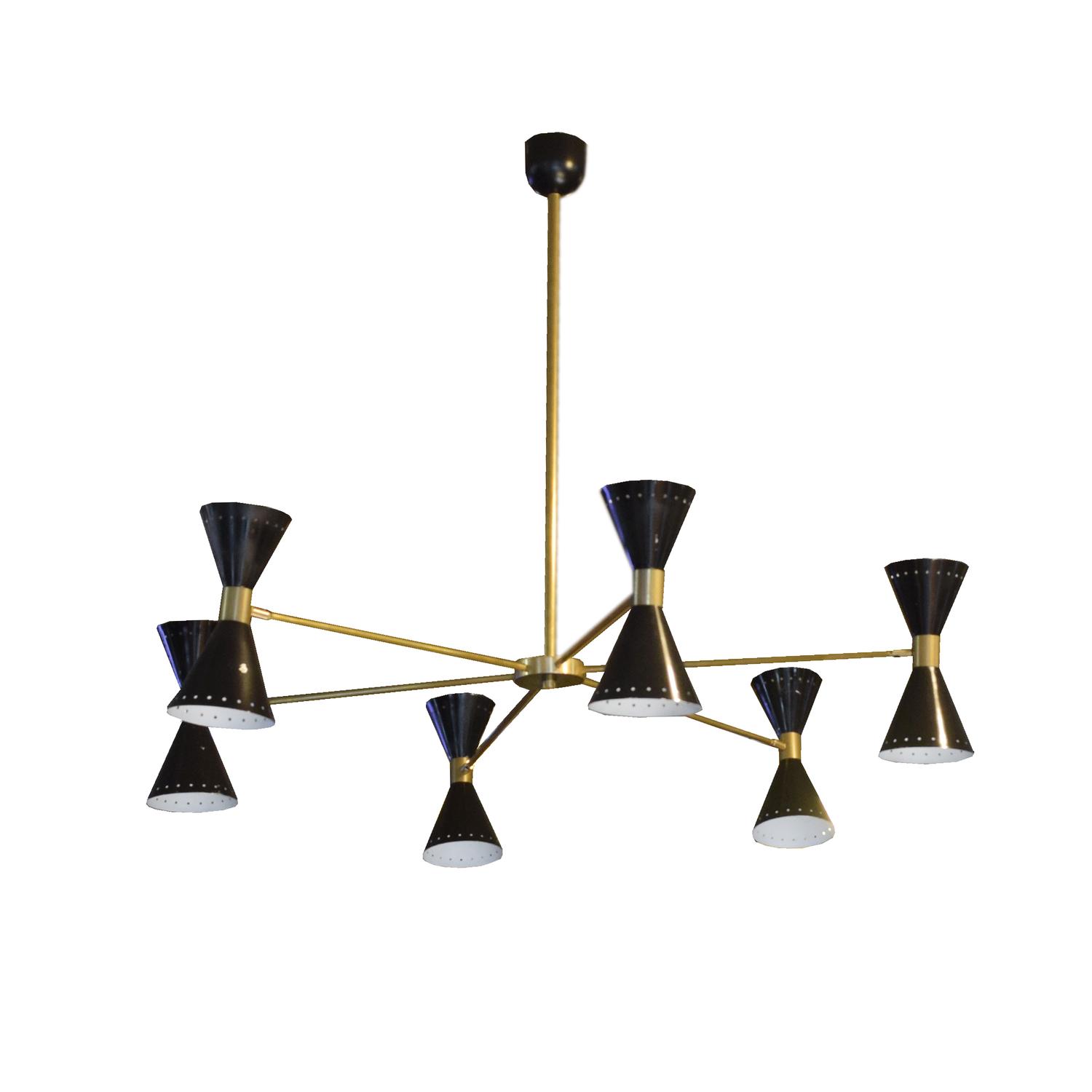 A Brass and Enamel Six-Arm Chandelier in the Style of Stilnovo 48" W x 48" D x 39.5" H — Italy, 20th Century