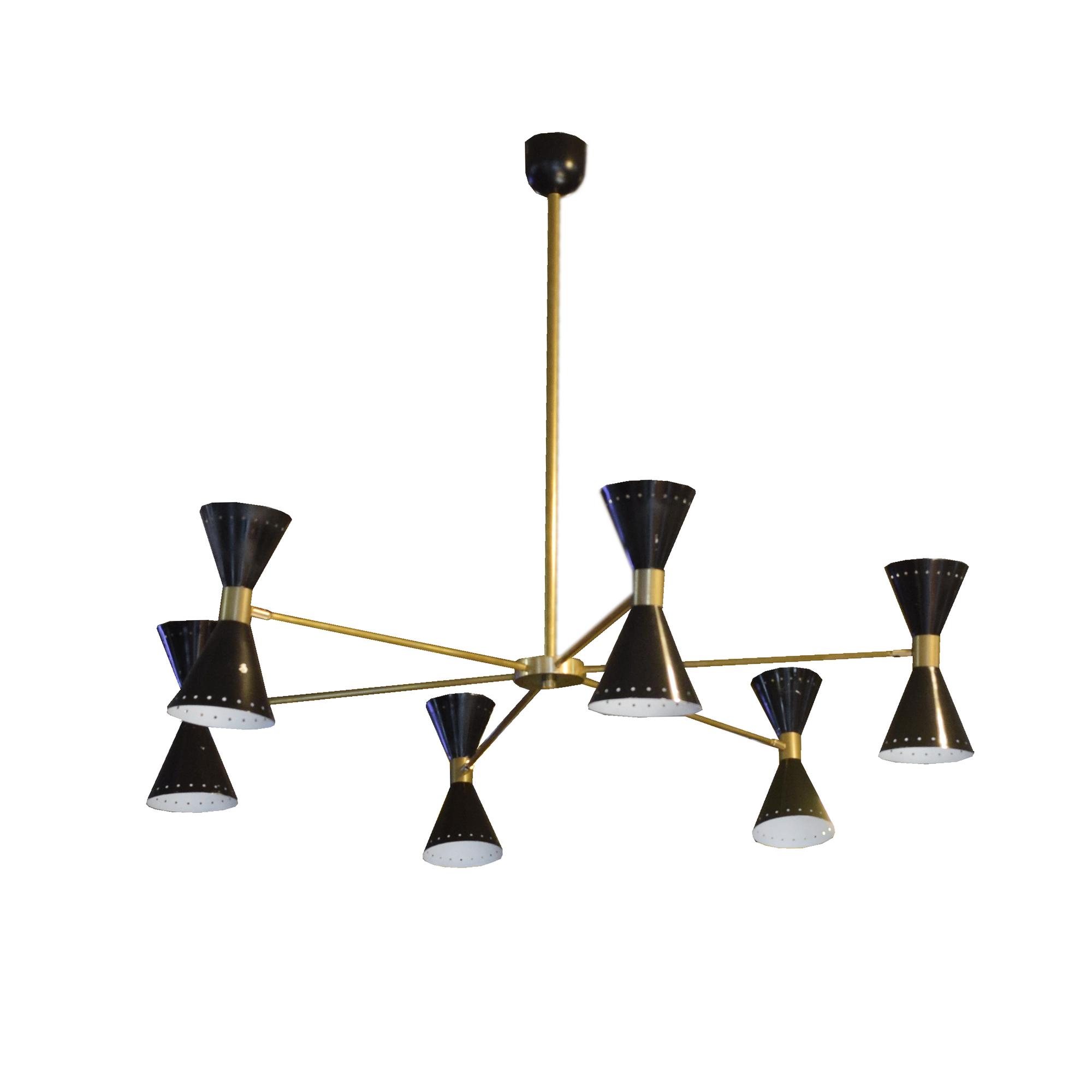 A Brass and Enamel Six-Arm Chandelier in the Style of Stilnovo 48" W x 48" D x 39.5" H — Italy, 20th Century