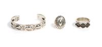 Three Southwestern Silver Jewelry Articles Length of bracelet 5 1/8 x opening 1 1/4 x width 1/2 inches