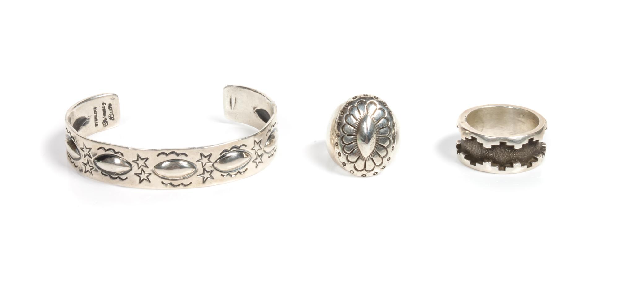 Three Southwestern Silver Jewelry Articles Length of bracelet 5 1/8 x opening 1 1/4 x width 1/2 inches