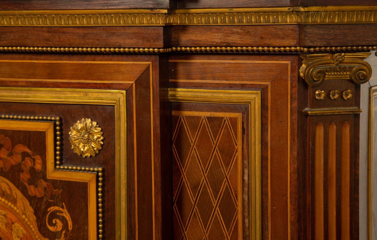 A Near Pair of Napoleon III Marquetry Tulipwood Marble Top Side Cabinets — 19TH CENTURY
