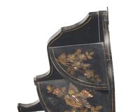 A pair of diminutive Regency style japanned hanging corner cupboards, 19th century