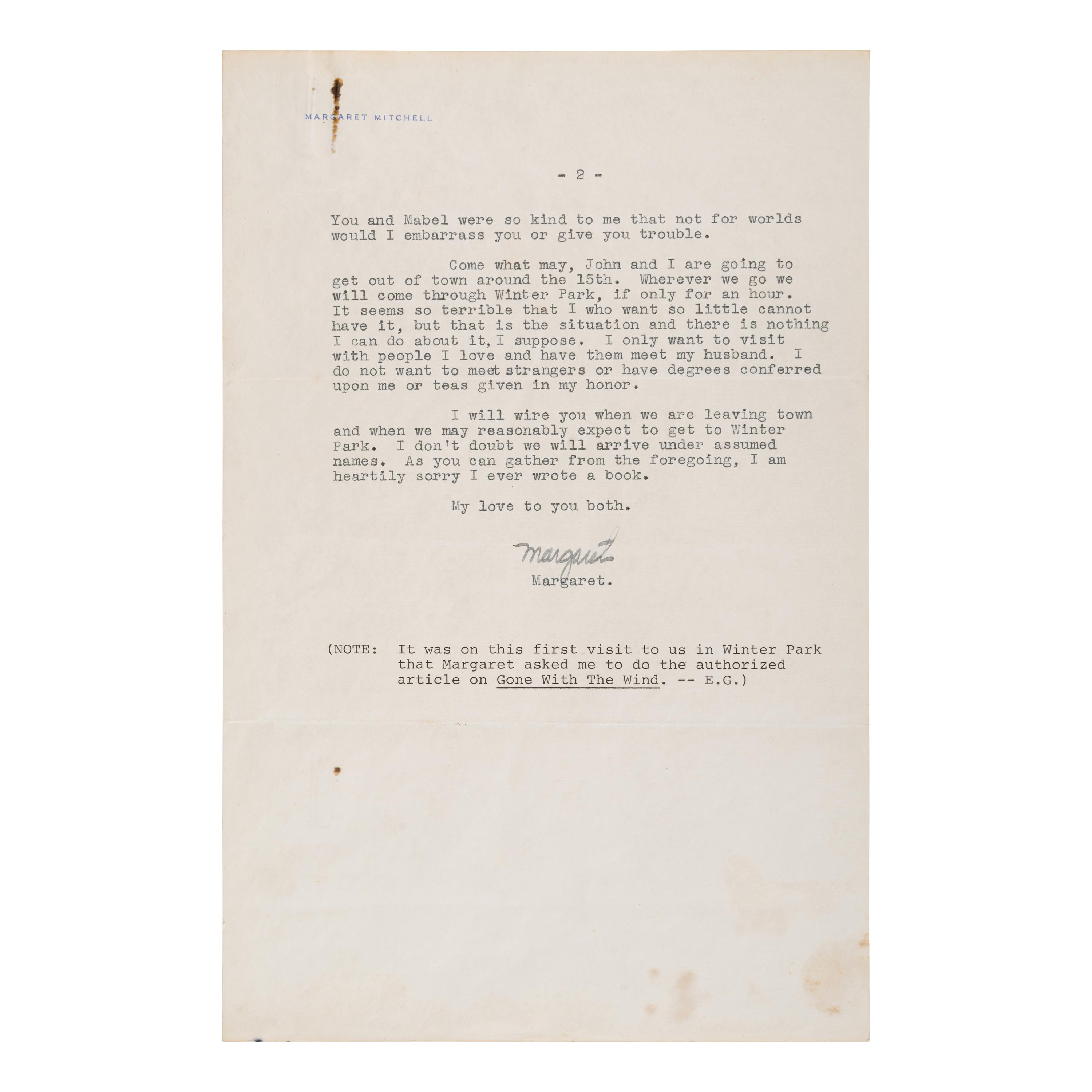 Mitchell, Margaret (1900-1949). Typed letter signed ("Margaret") to Edwin Granberry, Atlanta, 9 December 1936.