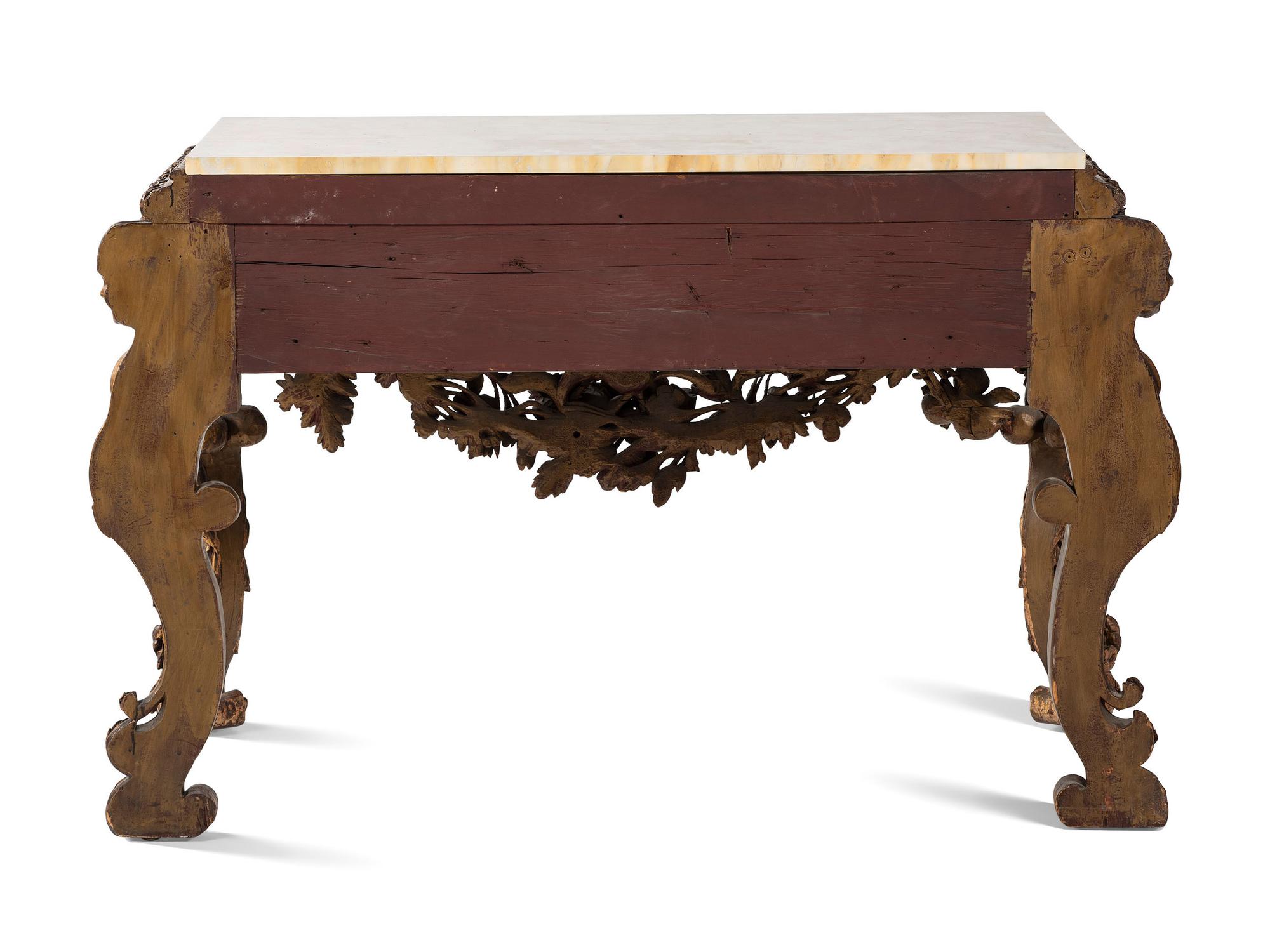 An Italian Baroque Style Carved Giltwood Marble-Top Console Table