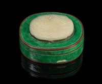 A Chinese Jade Plaque Mounted Green Enamel Box PLAQUE 18TH/19TH CENTURY, BOX 20TH CENTURY Width 4 1/4 x height 1 1/2 inches. — PLAQUE 18TH/19TH CENTURY, BOX 20TH CENTURY