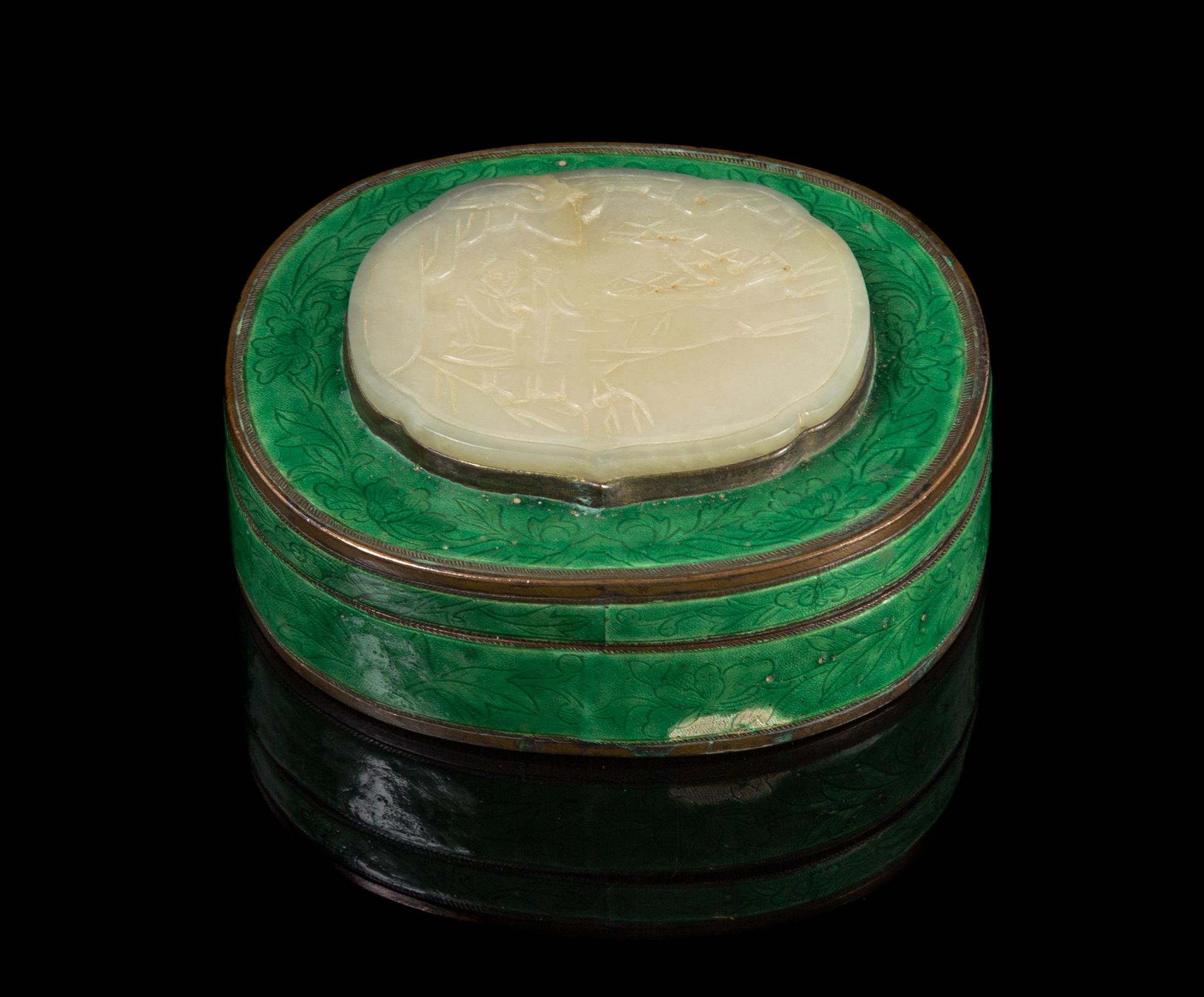 A Chinese Jade Plaque Mounted Green Enamel Box PLAQUE 18TH/19TH CENTURY, BOX 20TH CENTURY Width 4 1/4 x height 1 1/2 inches. — PLAQUE 18TH/19TH CENTURY, BOX 20TH CENTURY