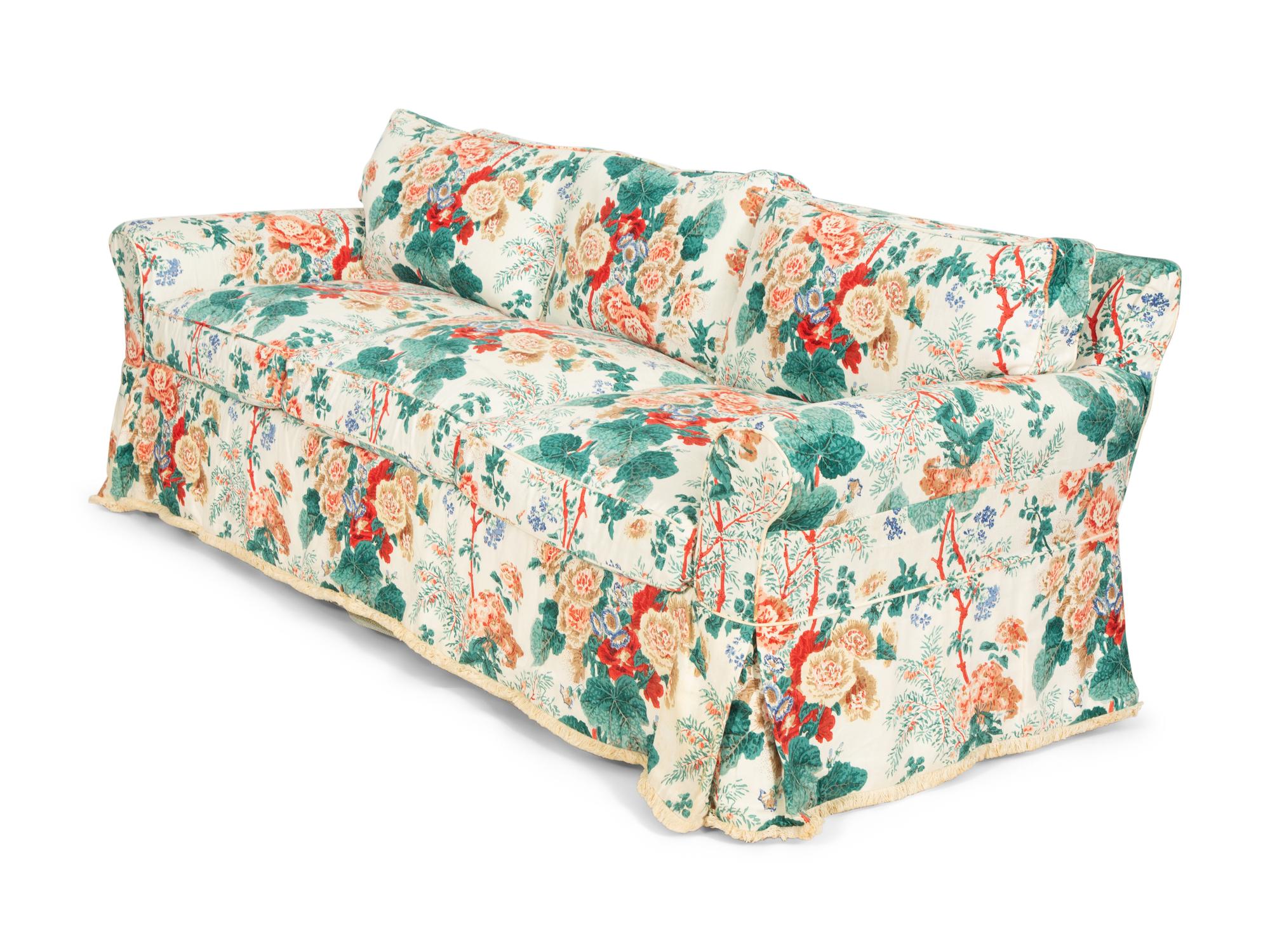 A Printed Cotton-Upholstered Three-Cushion Sofa, Club Chair and Ottoman