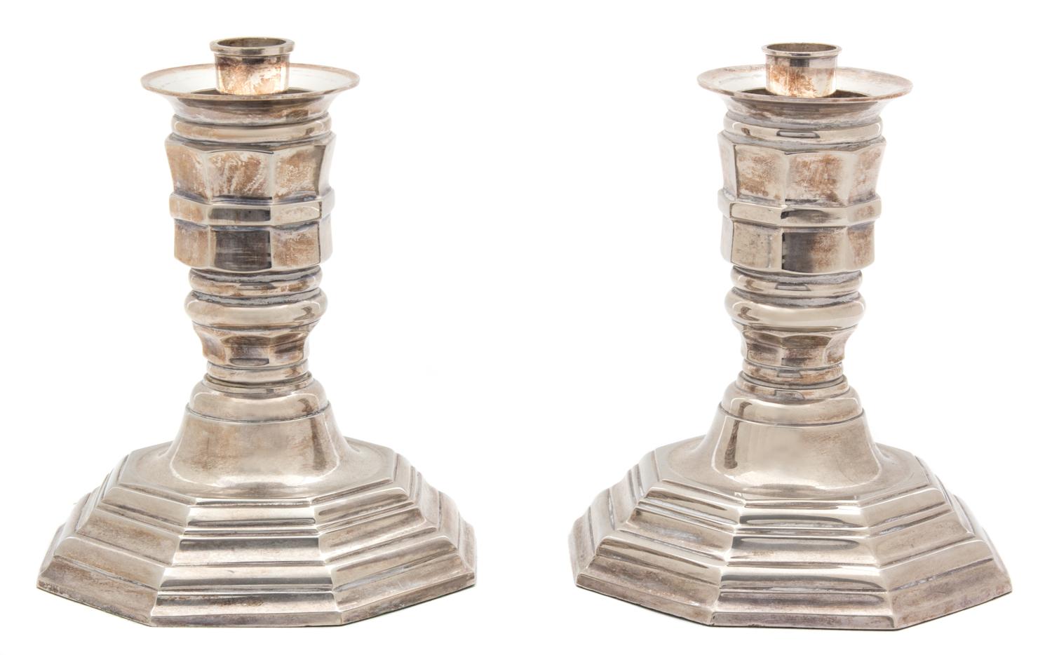 A Pair of Etched Glass and Weighted Silverplate Hurricane Lamps Height 17 1/2 inches. — 20TH CENTURY