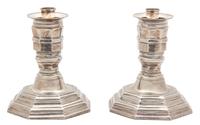 A Pair of Etched Glass and Weighted Silverplate Hurricane Lamps Height 17 1/2 inches. — 20TH CENTURY