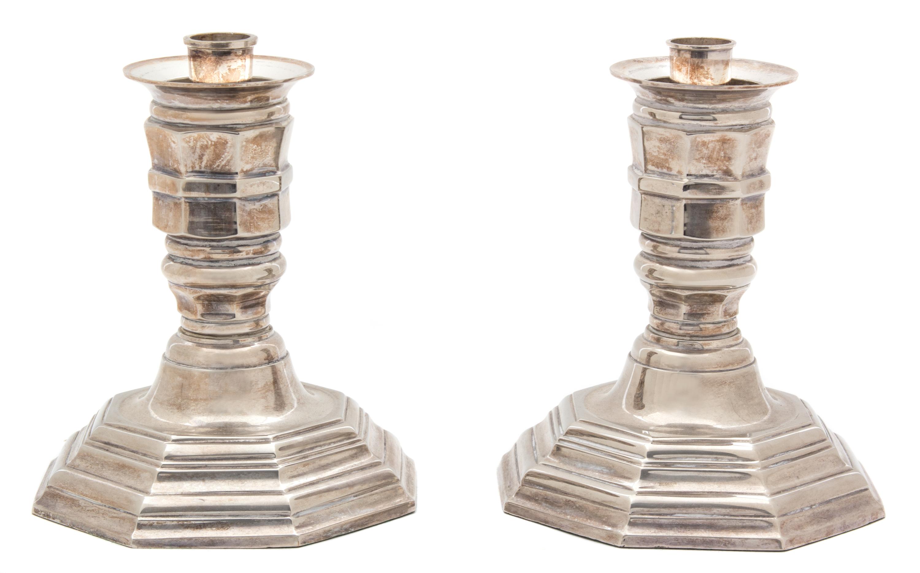 A Pair of Etched Glass and Weighted Silverplate Hurricane Lamps Height 17 1/2 inches. — 20TH CENTURY