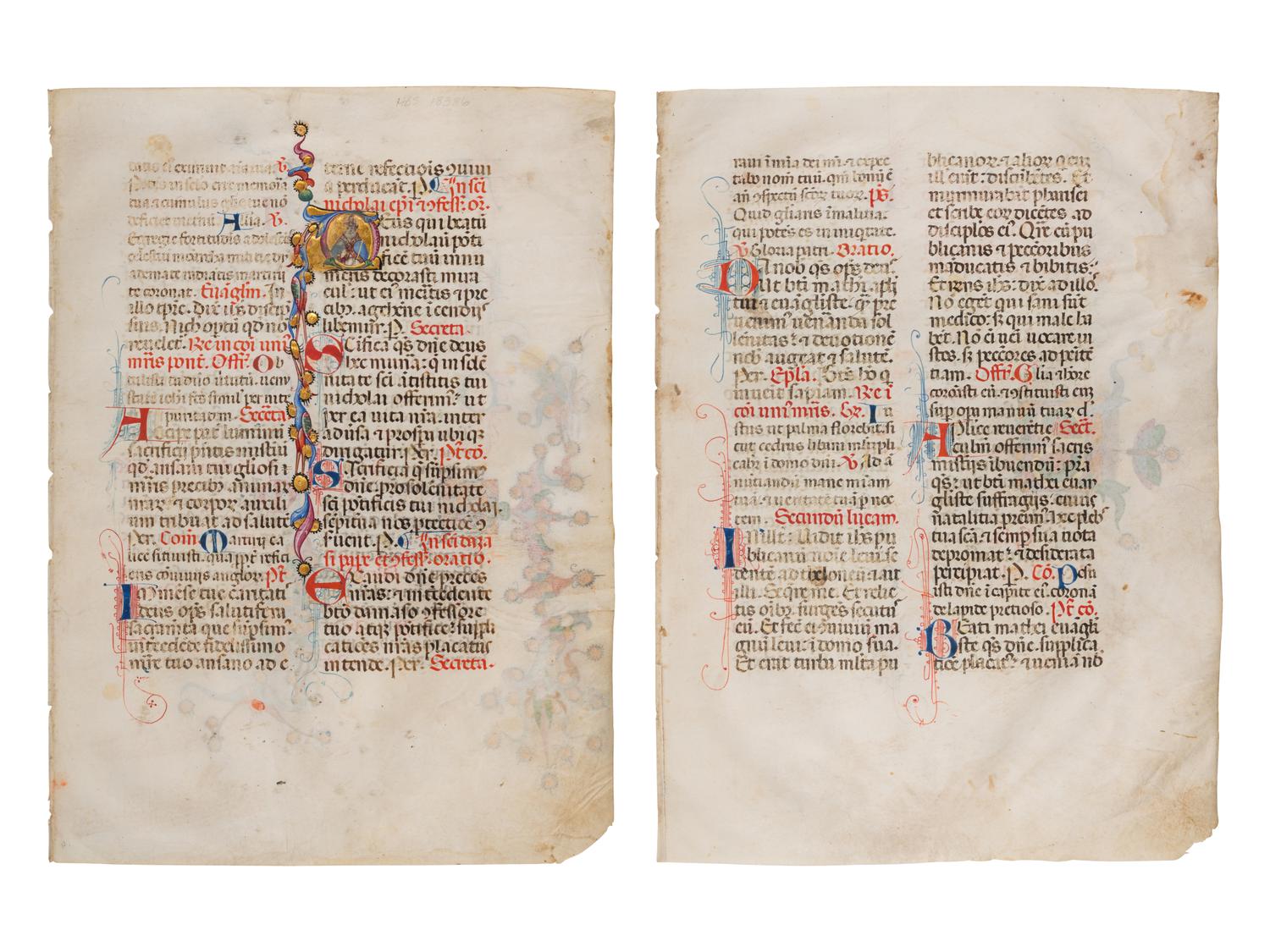 SANO DI PIETRO (Siena, 1405-1481) Two leaves from a Missal, including three historiated initials of St. Nicholas, St. Lucy, and St. Thomas, in Latin, illuminated manuscript on parchment [Italy, Siena, c. 1460-1470]