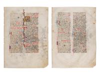 SANO DI PIETRO (Siena, 1405-1481) Two leaves from a Missal, including three historiated initials of St. Nicholas, St. Lucy, and St. Thomas, in Latin, illuminated manuscript on parchment [Italy, Siena, c. 1460-1470]