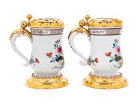 A Pair of Silver-Gilt Mounted Famille Rose Porcelain Tankards
