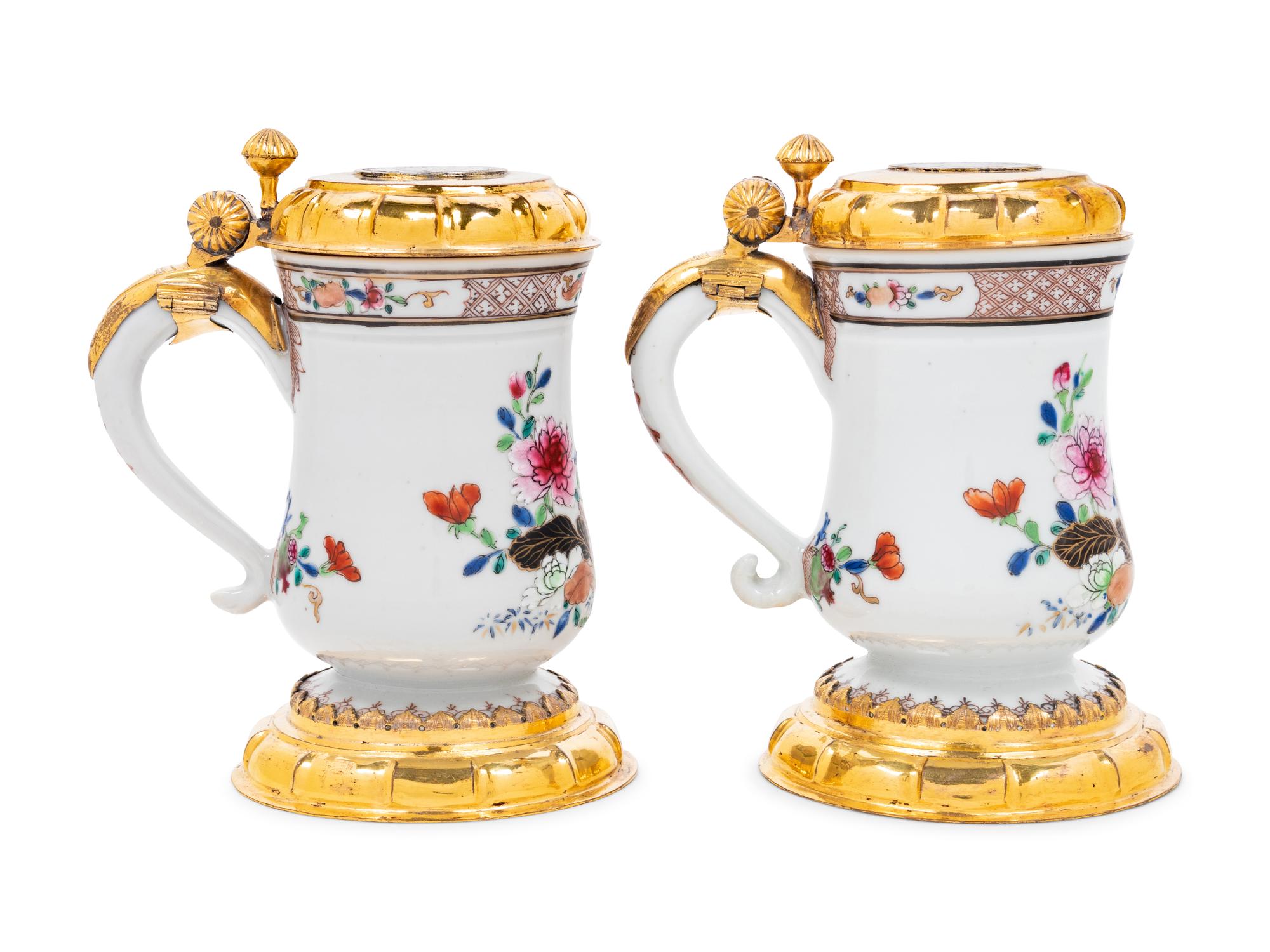 A Pair of Silver-Gilt Mounted Famille Rose Porcelain Tankards
