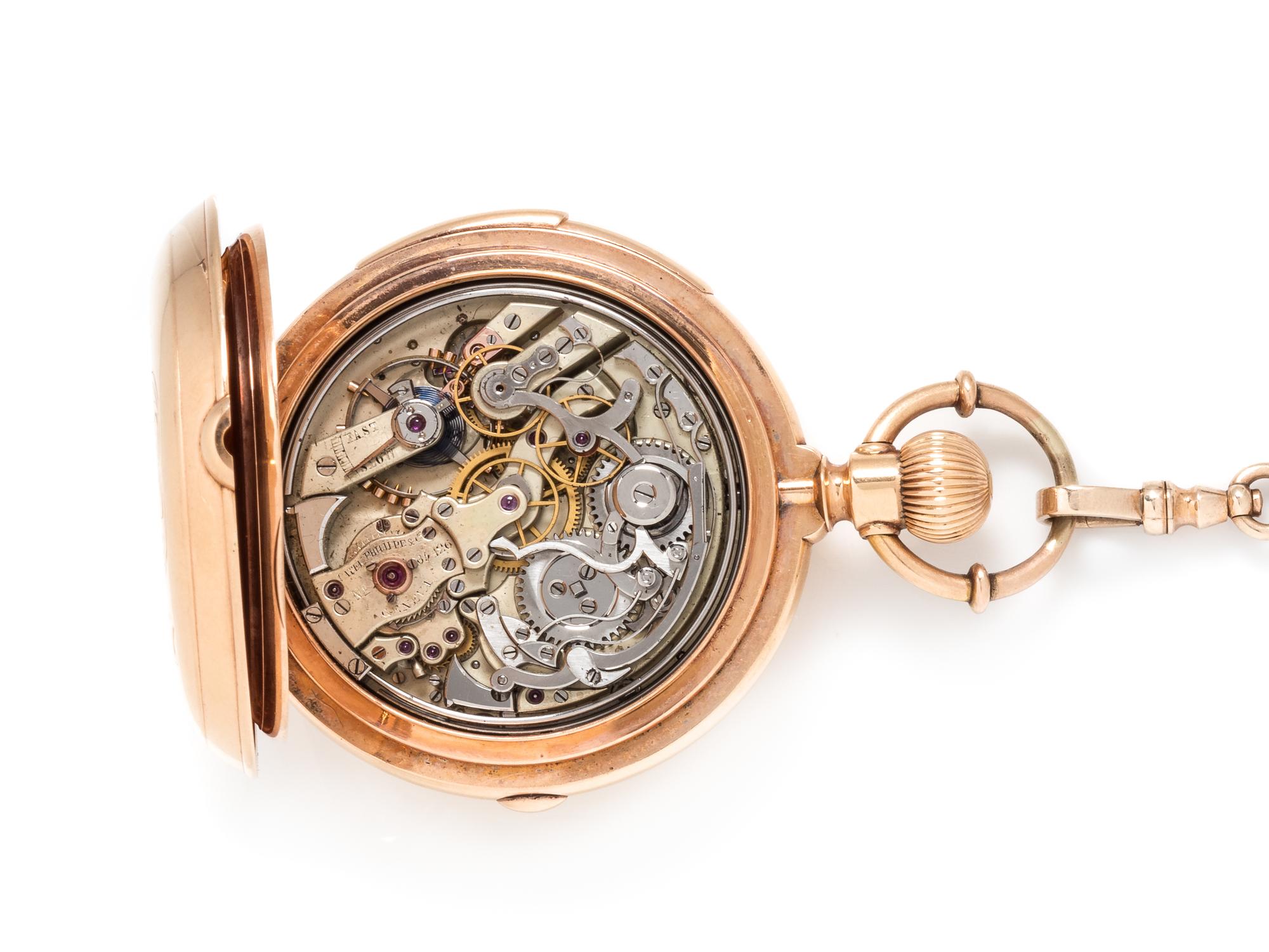 Patek Philippe, 18K Yellow Gold Hunter Case Chronograph Minute Repeater Pocket Watch, Circa 1886