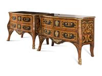 A Pair of Louis XIV Style Gilt Bronze Mounted Marquetry Commodes