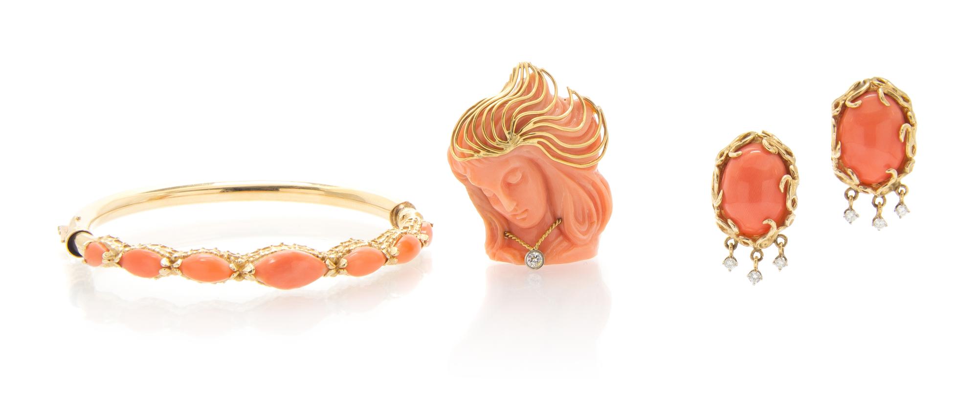A Collection of Yellow Gold, Pink Coral and Diamond Jewelry, 30.60 dwts.
