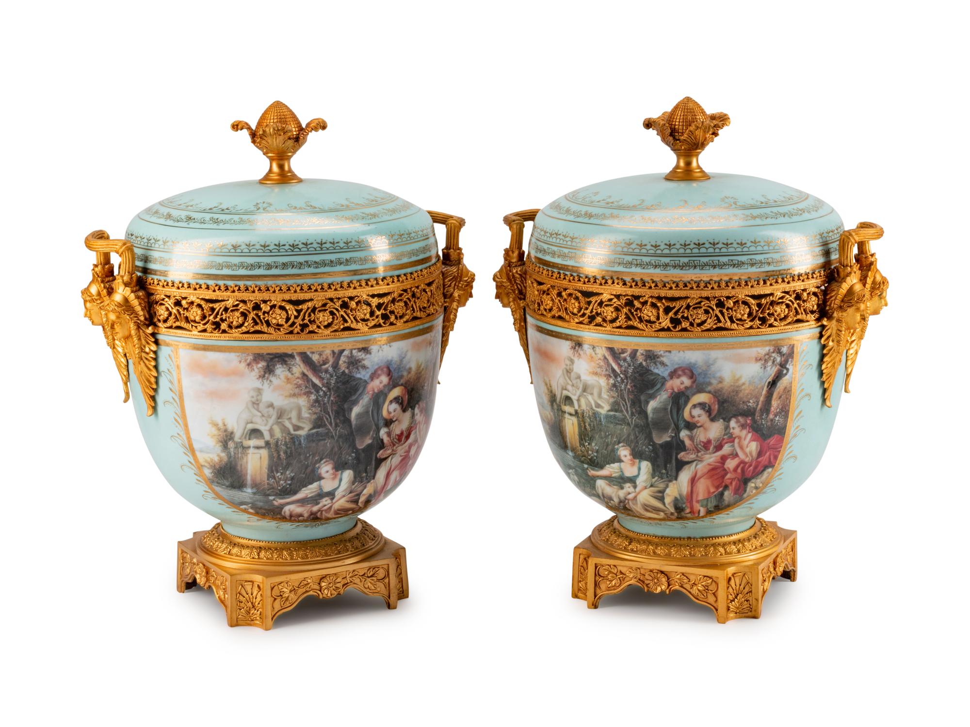 A Pair of Gilt-Bronze-Mounted Sevres Style Porcelain Potpourri