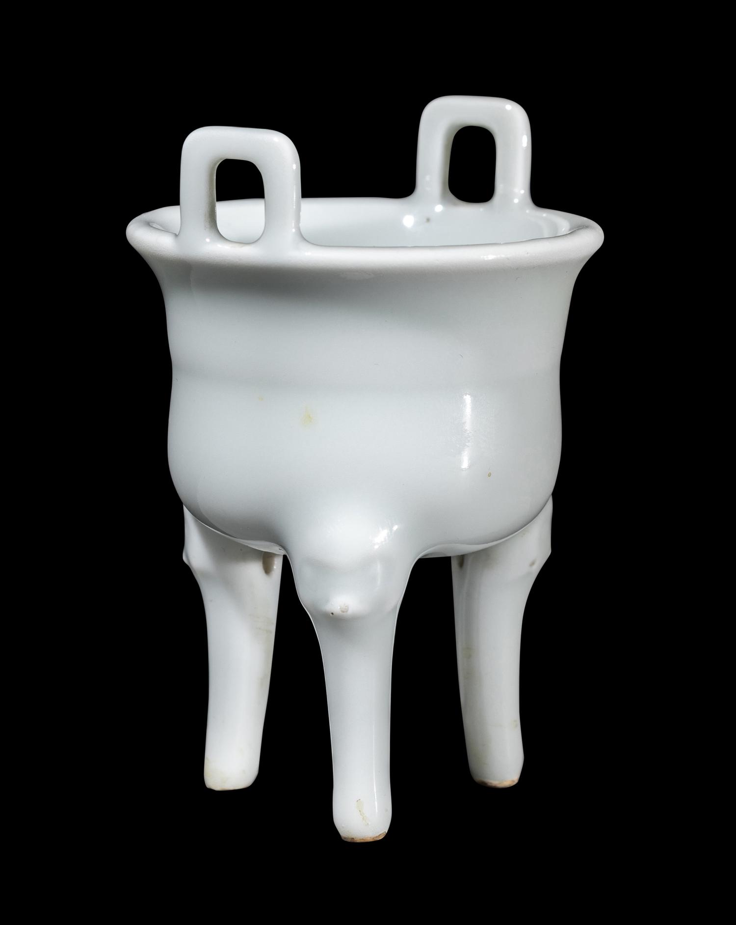A Miniature Chinese White Glazed Porcelain Ding Vessel