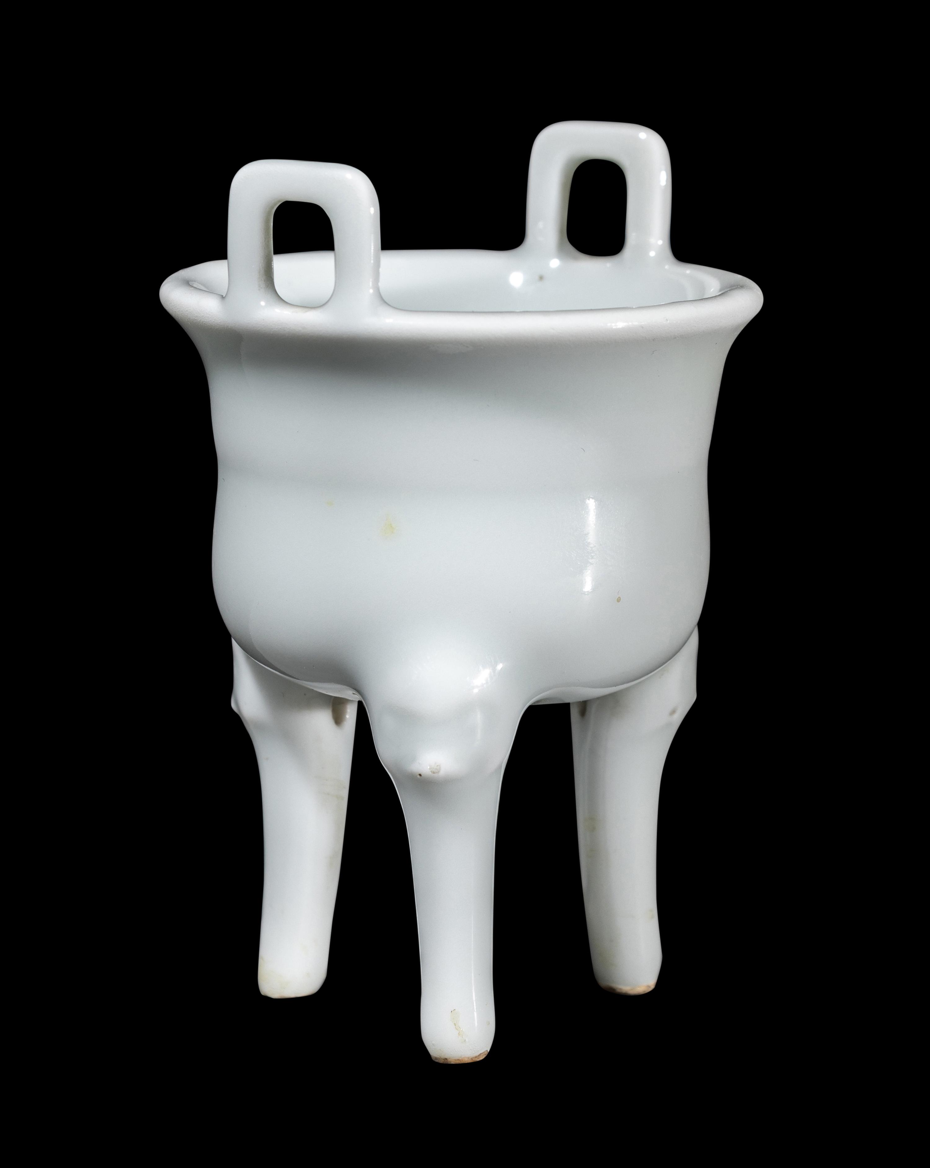 A Miniature Chinese White Glazed Porcelain Ding Vessel