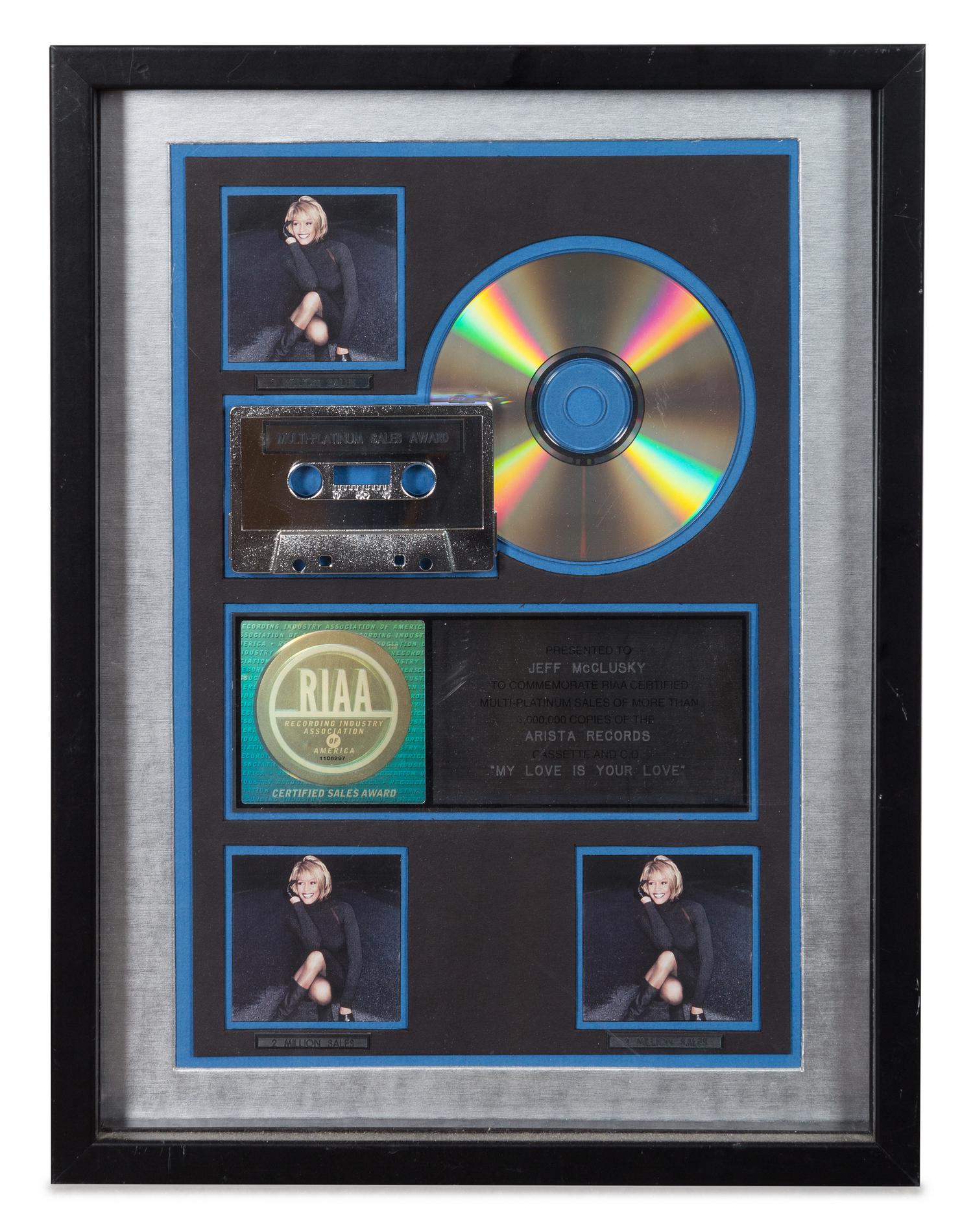 A Whitney Houston: My Love is Your Love RIAA Certified 3x Platinum Presentation Album 17 x 12 3/4 inches.