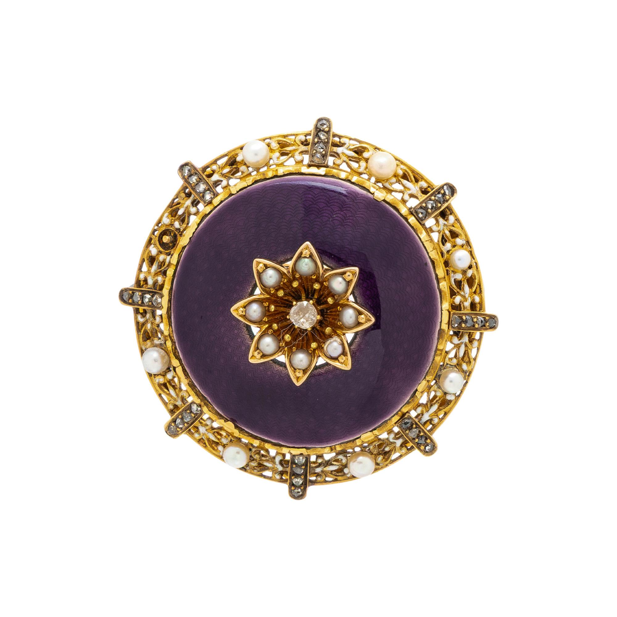DIAMOND, SEED PEARL, ENAMEL AND YELLOW GOLD BROOCH