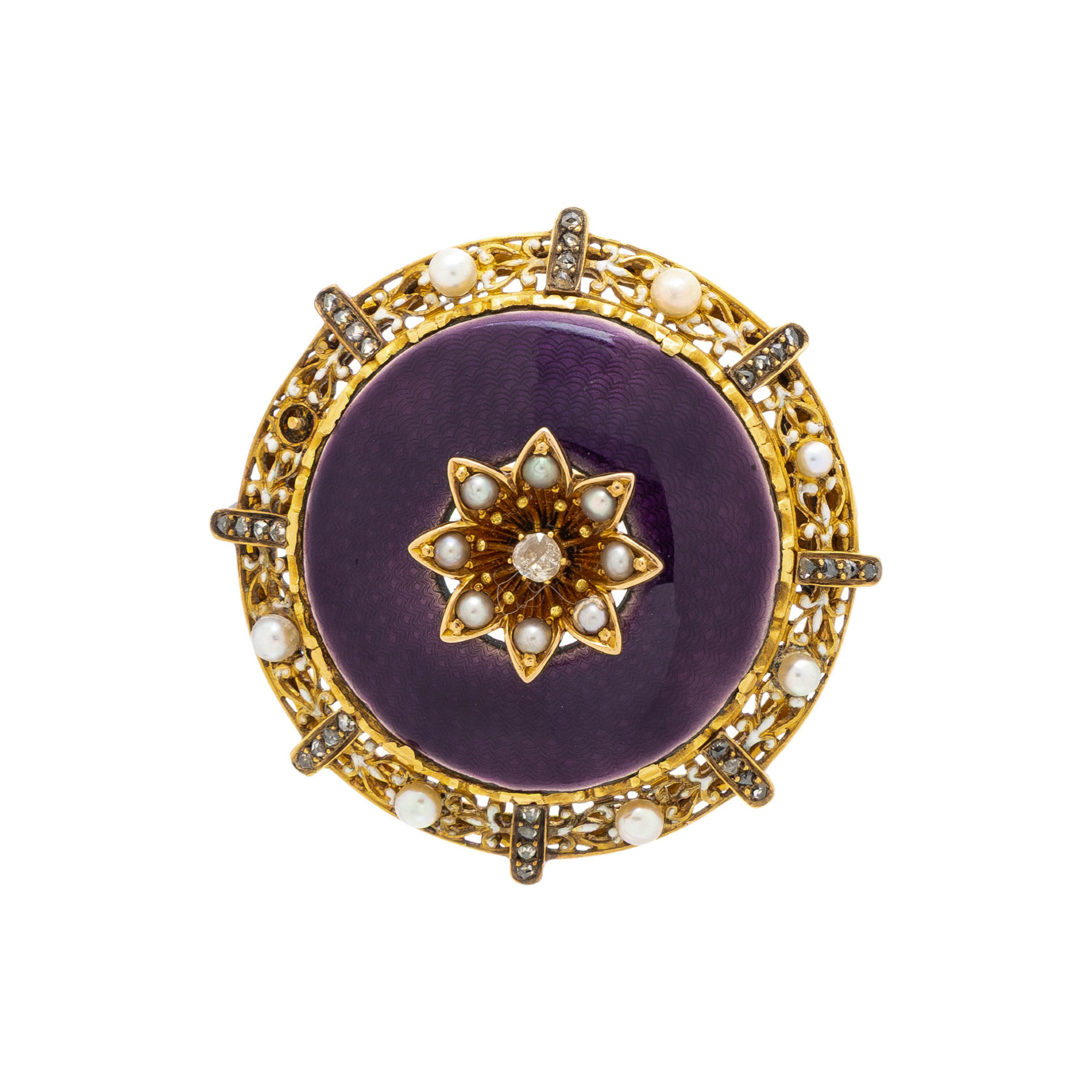 DIAMOND, SEED PEARL, ENAMEL AND YELLOW GOLD BROOCH