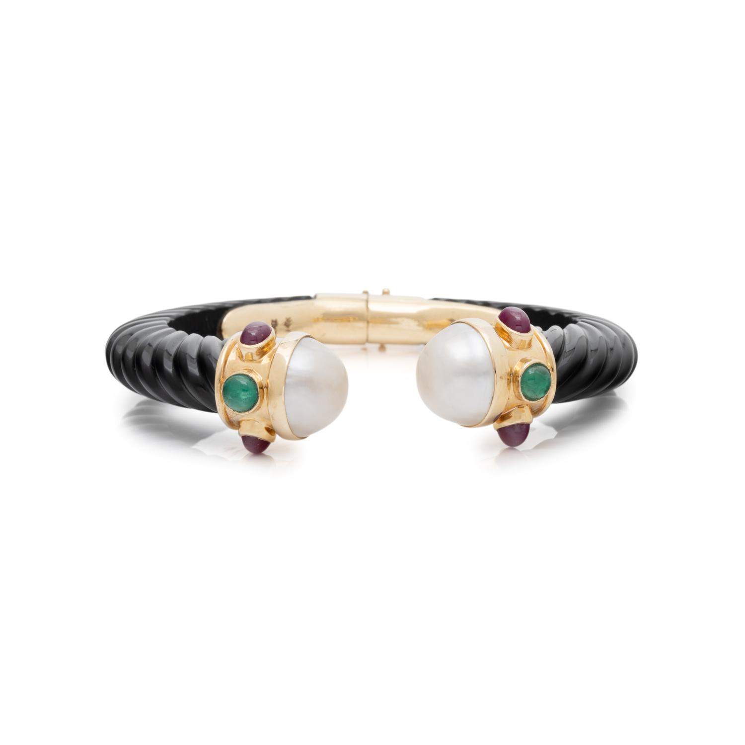 MAZ, ONYX, MULTIGEM, AND YELLOW GOLD CUFF BRACELET