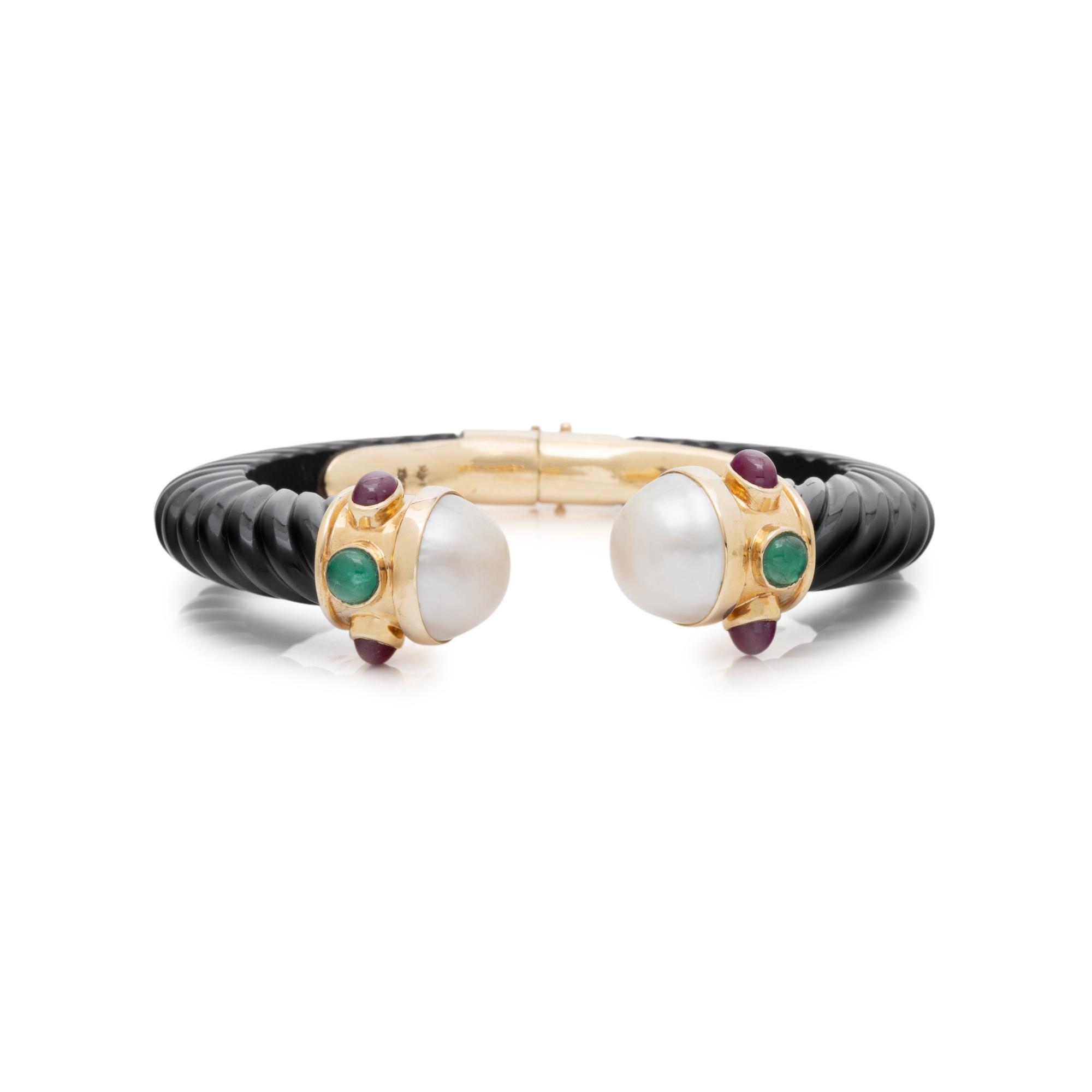 MAZ, ONYX, MULTIGEM, AND YELLOW GOLD CUFF BRACELET