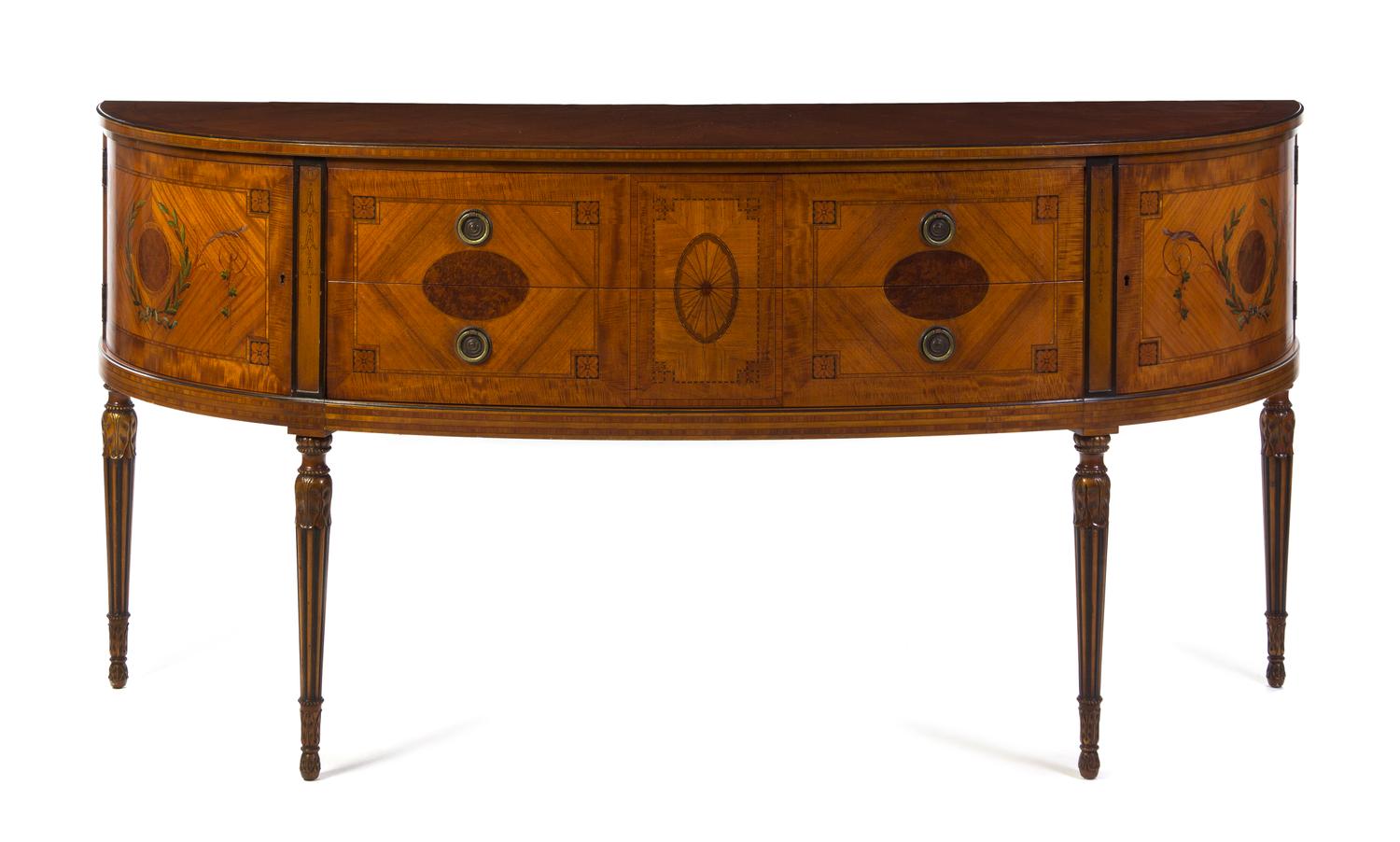An Edwardian Satinwood Sideboard, Height 38 1/4 x width 78 x depth 25 1/4 inches.