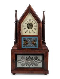 An American Mahogany and Reverse Painted Glass Mantel Clock