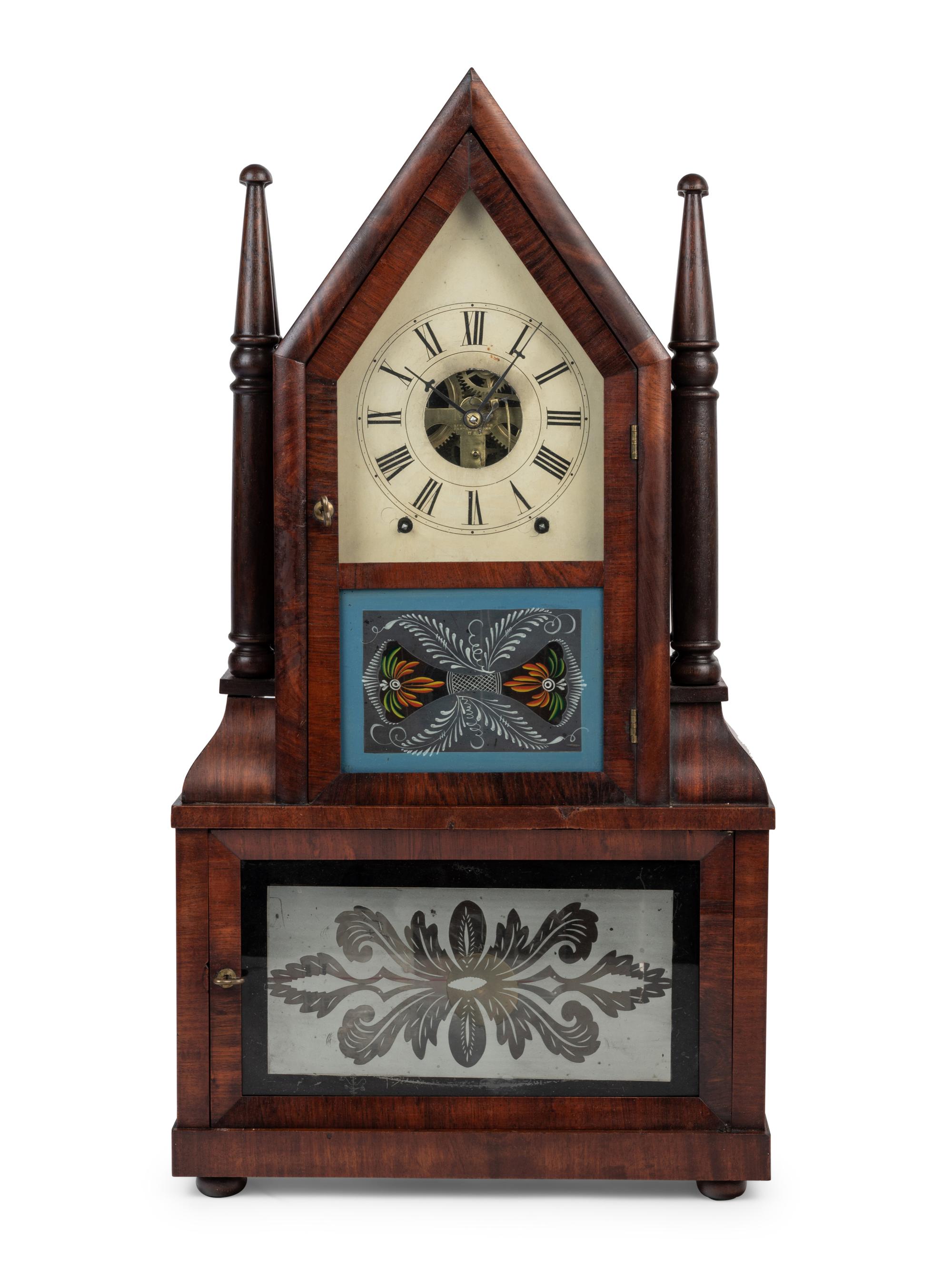 An American Mahogany and Reverse Painted Glass Mantel Clock