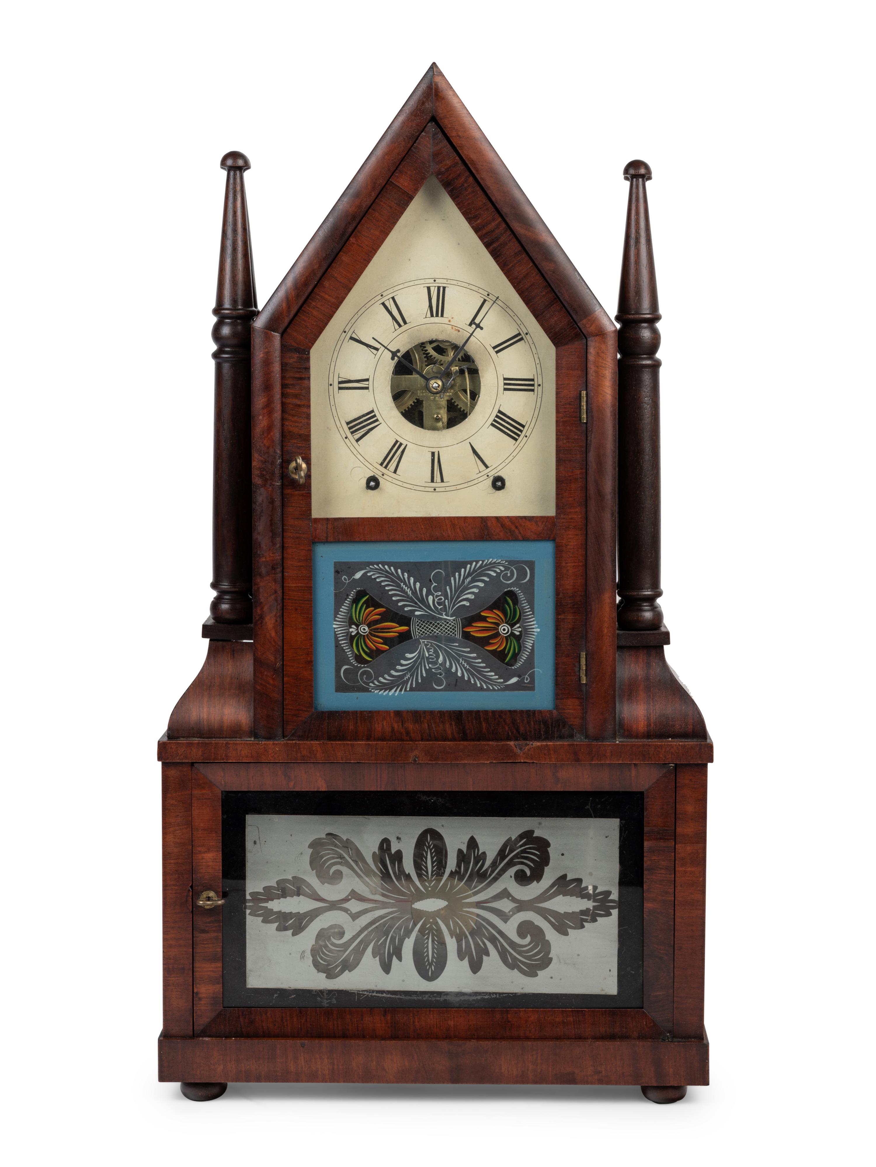 An American Mahogany and Reverse Painted Glass Mantel Clock
