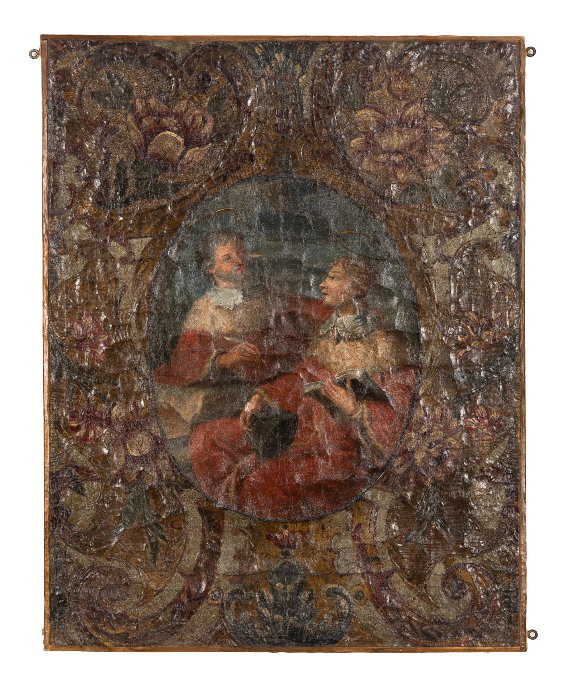 An Embossed Leather Hand-Painted Wall Panel