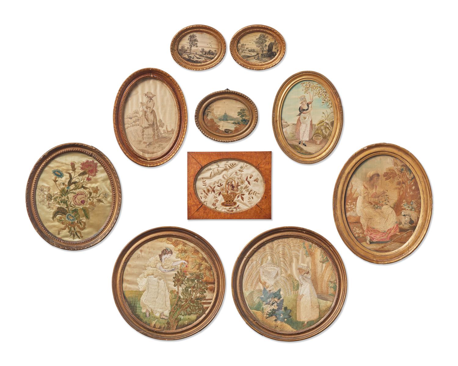A collection of ten George III or Regency needlework pictures, late 18th / early 19th century