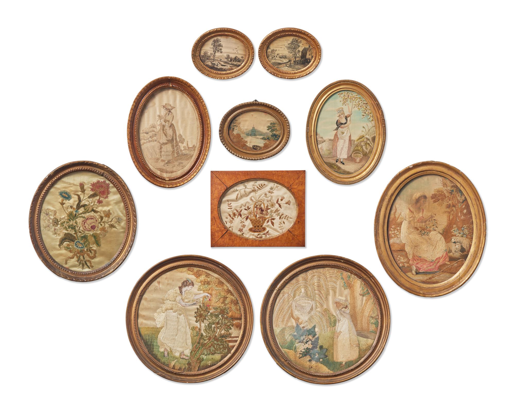 A collection of ten George III or Regency needlework pictures, late 18th / early 19th century