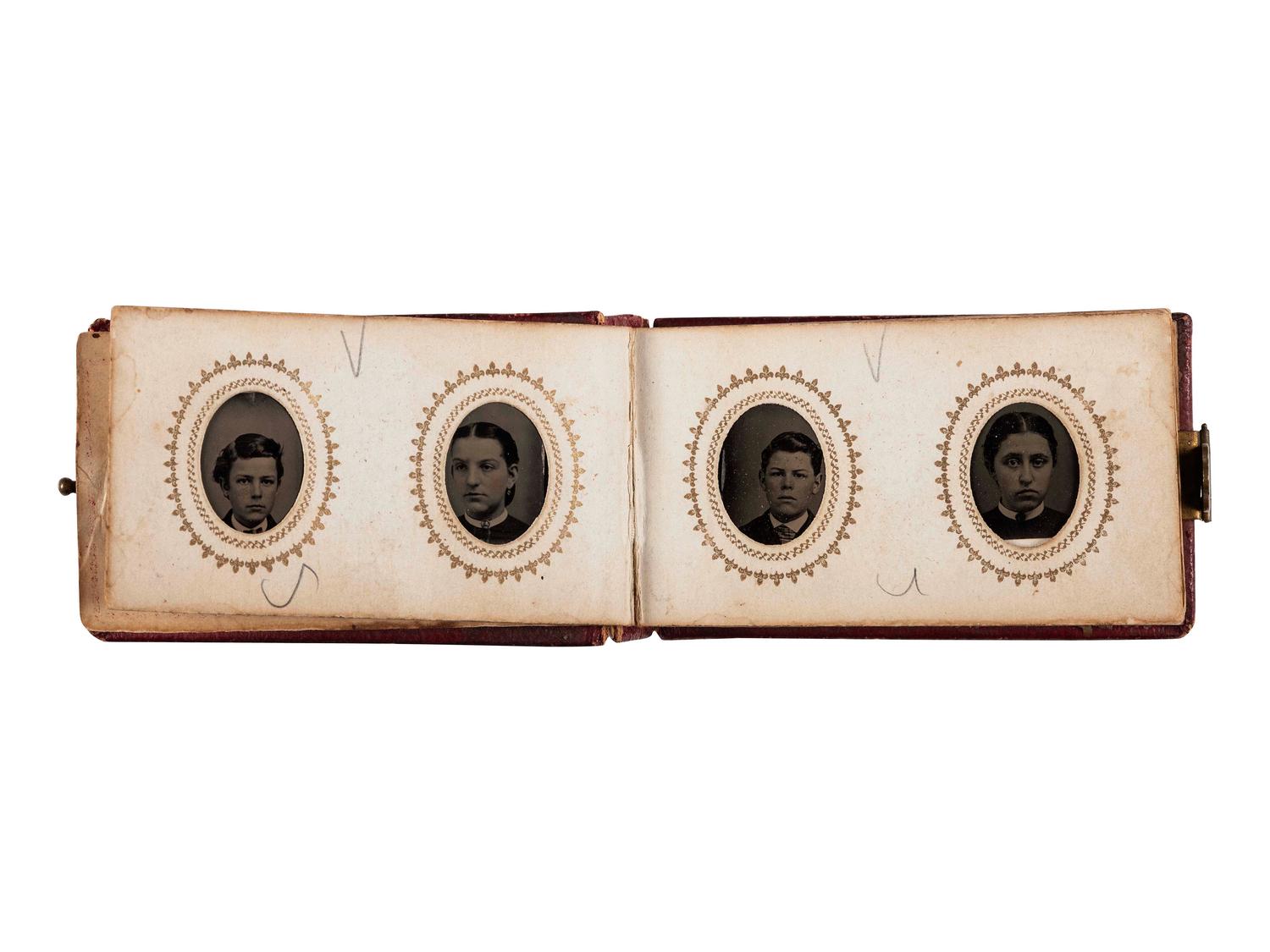 [EARLY PHOTOGRAPHY - SPORTS]. Sixth plate tintype of two South Otselic, NY baseball players posed with bat, with other portraiture, including: