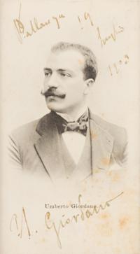 GIORDANO, Umberto (1903-1867). Photographic postcard, signed (“U. Giordano”), July 1903.