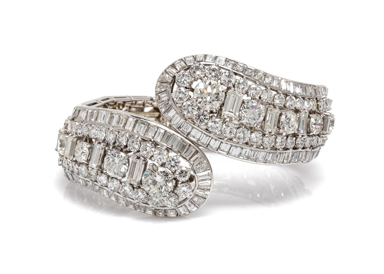 A Vintage Flexible Platinum and Diamond Bypass Bracelet, 51.60 dwts.