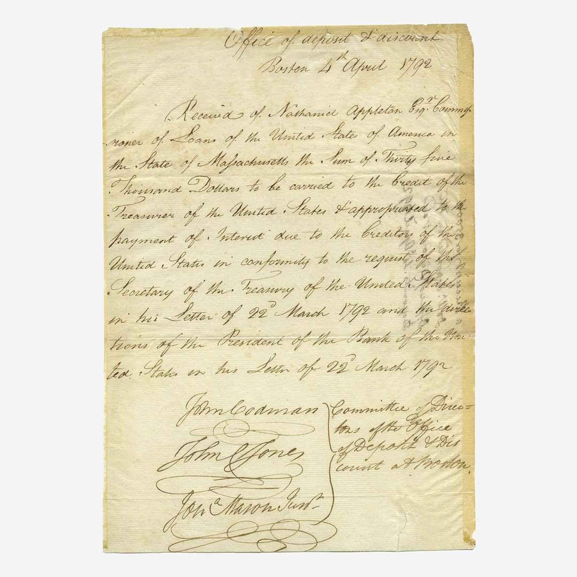 [Hamilton, Alexander] [Panic of 1792] Manuscript Document