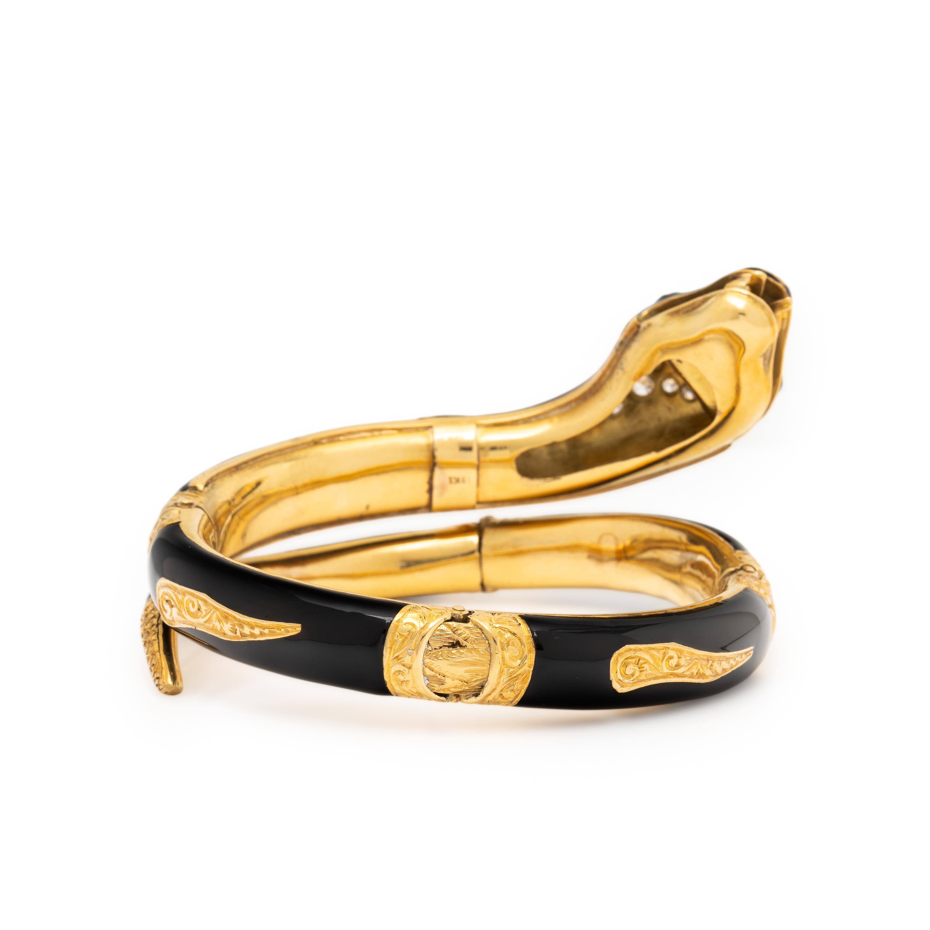 Diamond, Enamel, and Yellow Gold Snake Bangle Bracelet